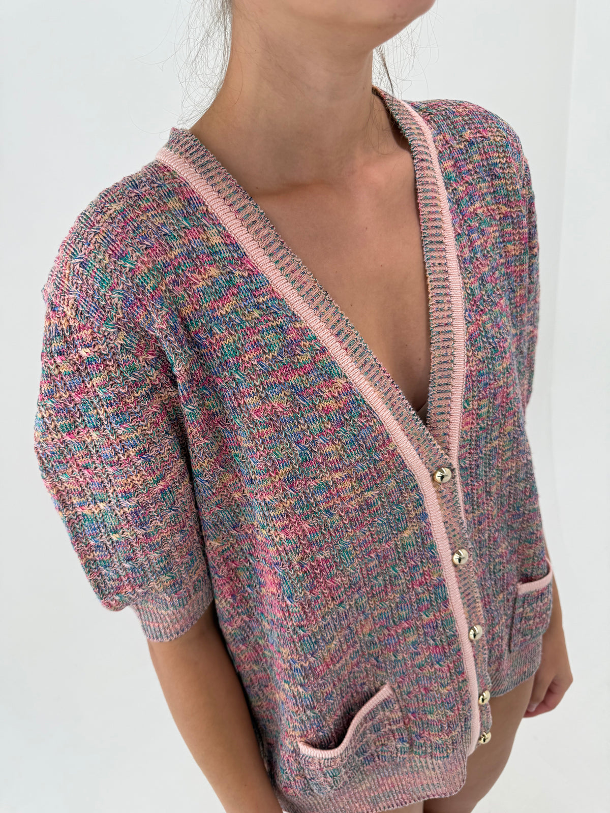 Top în stil chanel din tricot de bumbac curcubeu de gramaj mare