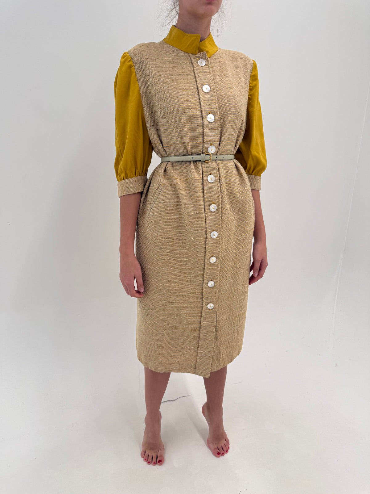 Rochie vintage din tweed camel de lana cu mâneci din bumbac și buzunare