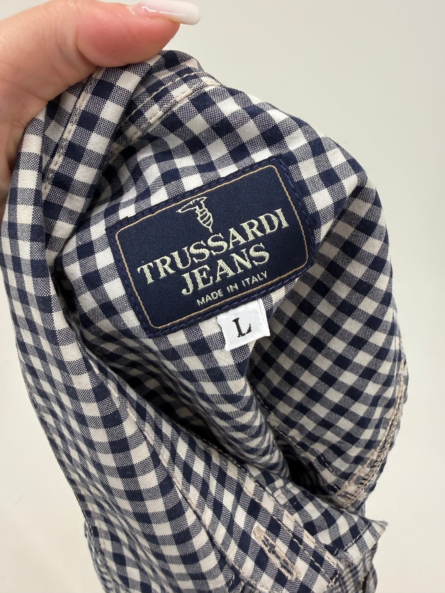 Cămașa luxury vintage Trussardi gingham din canvas moale de bumbac