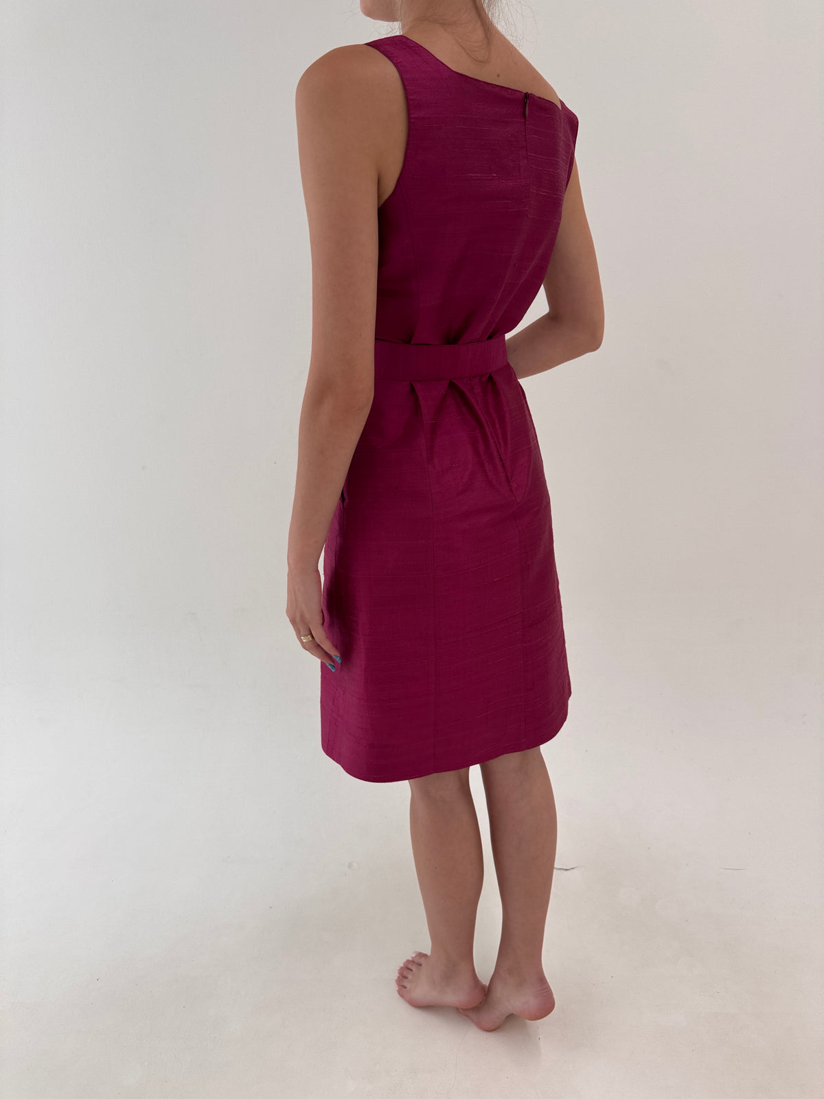 Rochie magenta din mătase naturală dupioni cu talie marcată de la zi la seară