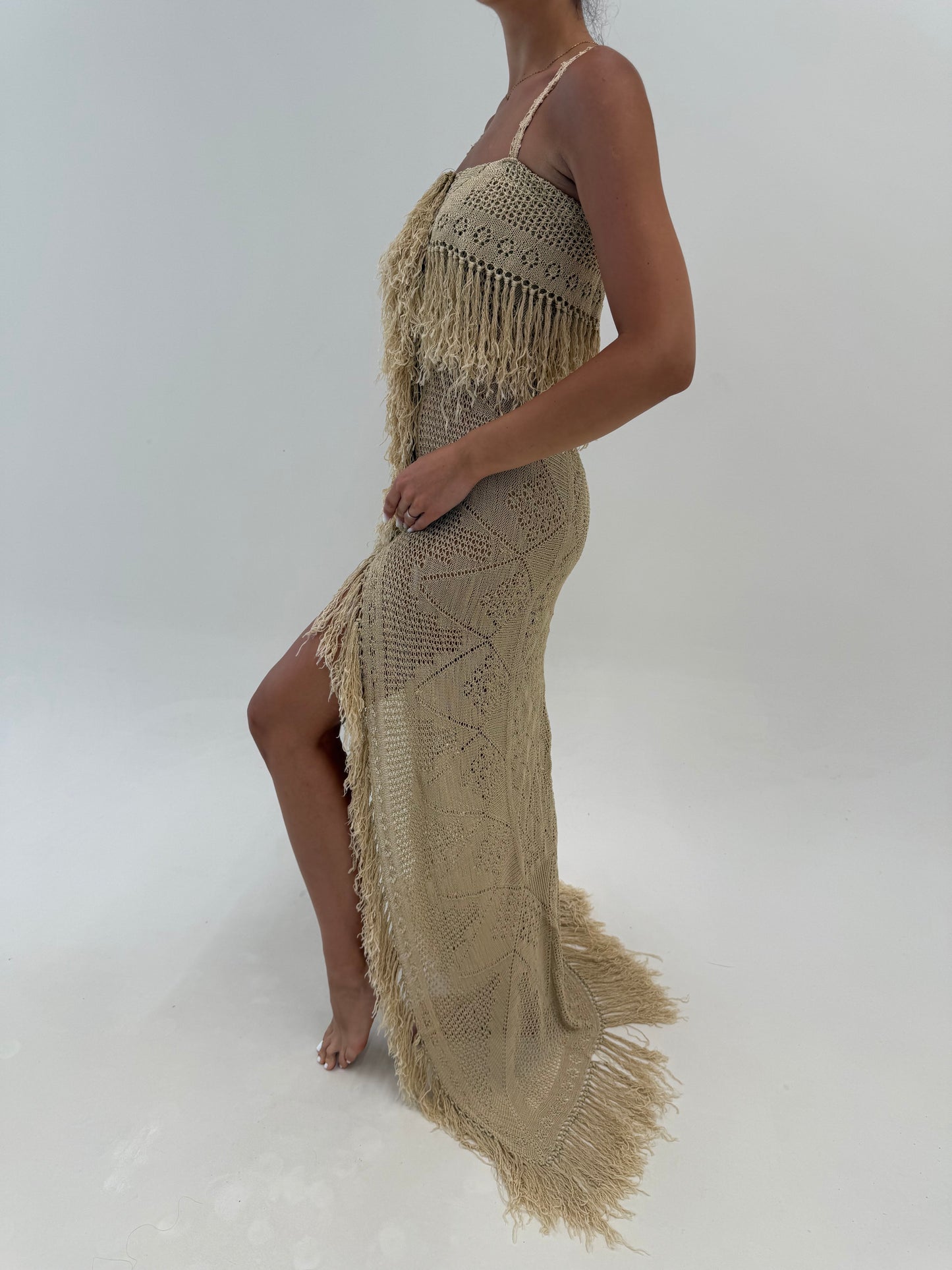 Rochie tall camel din macrame excepțional de bumbac lucrat manual