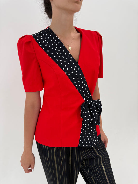 Sacou vintage italian din pânză cu drapaj cu buline asimetric în croi cambrat