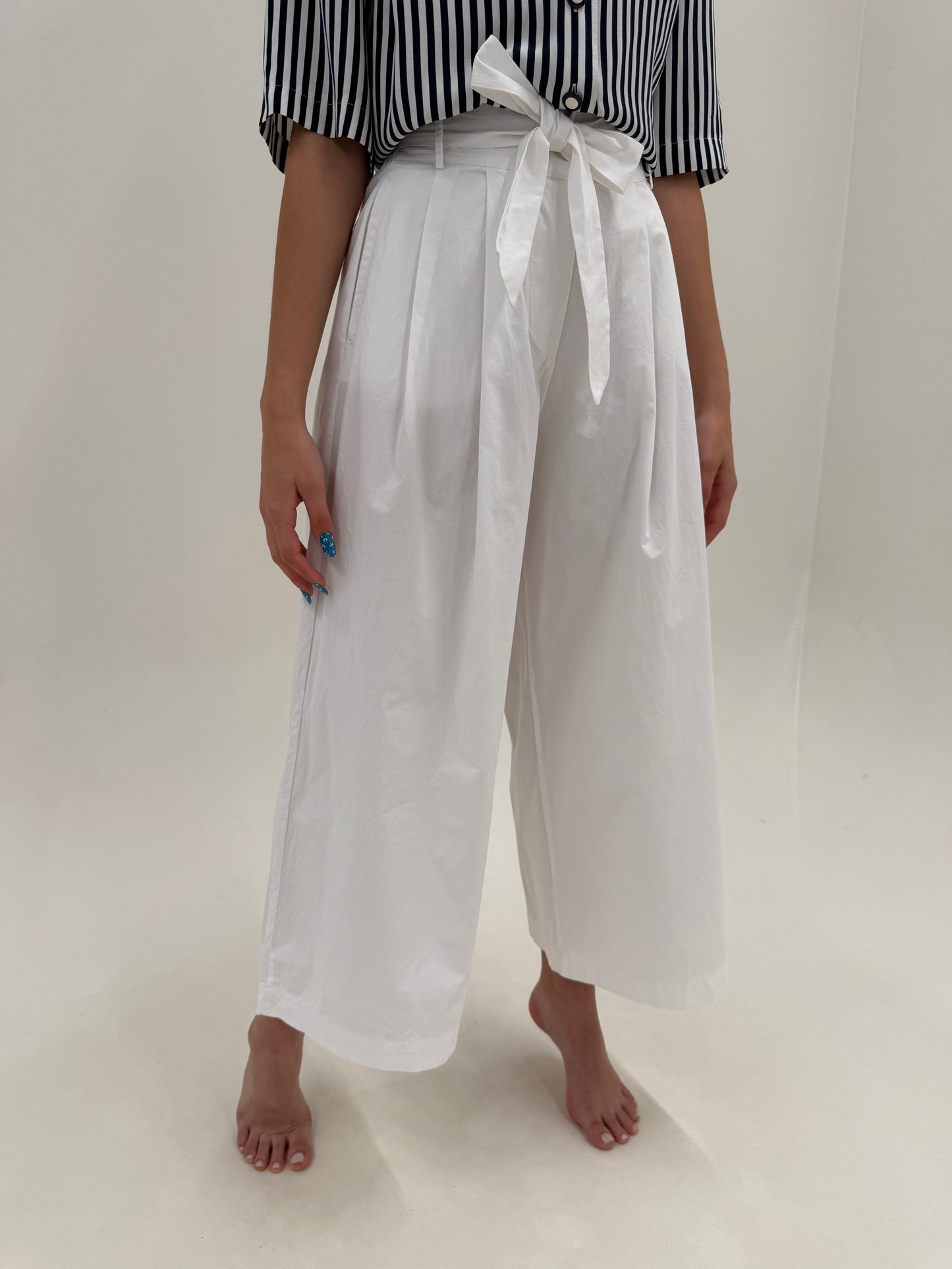 Pantaloni palazzo italienești fin poplin premium de bumbac cu talie elastică