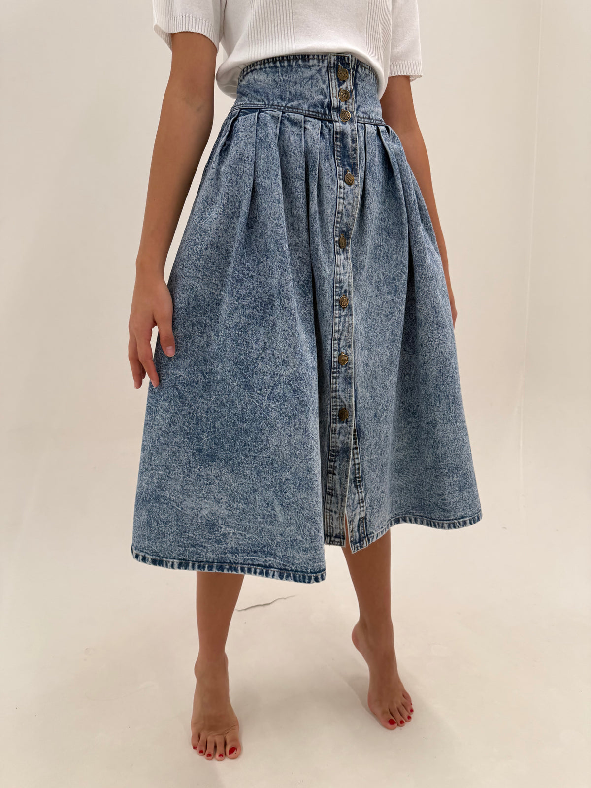 Fustă vintage din jeans în croi ultra amplu cu talie ultra marcată stonewash și buzunare