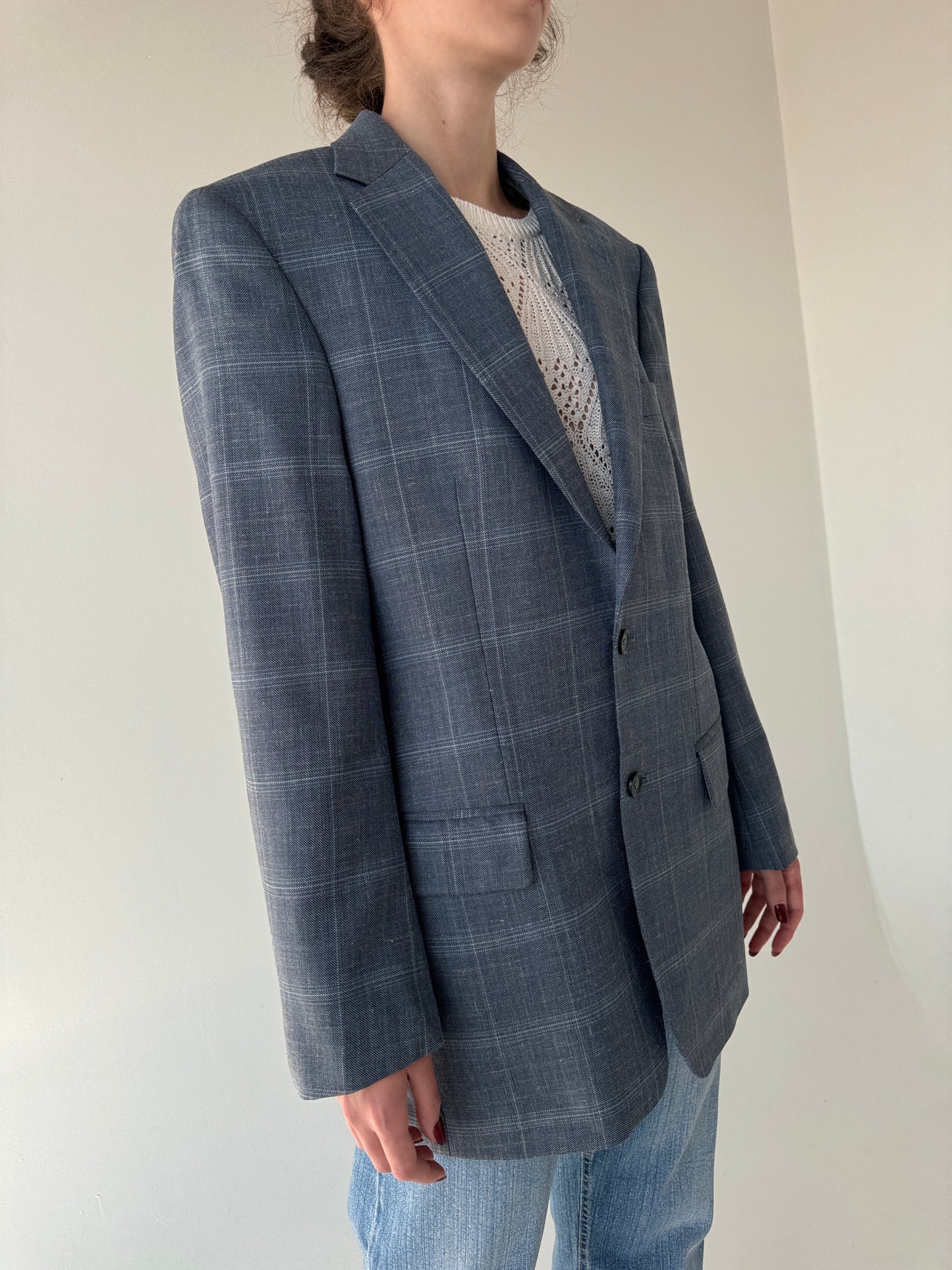 Sacou jeans blue din lana extafina, mătase naturală și in