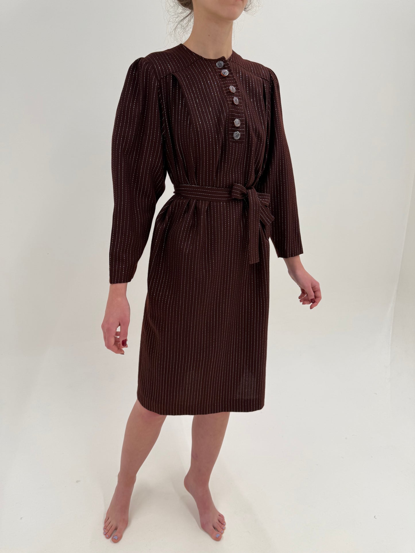 Rochie vintage chocolate brown din stofita de lana extrafina cu dungi argintii