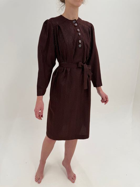 Rochie vintage chocolate brown din stofita de lana extrafina cu dungi argintii