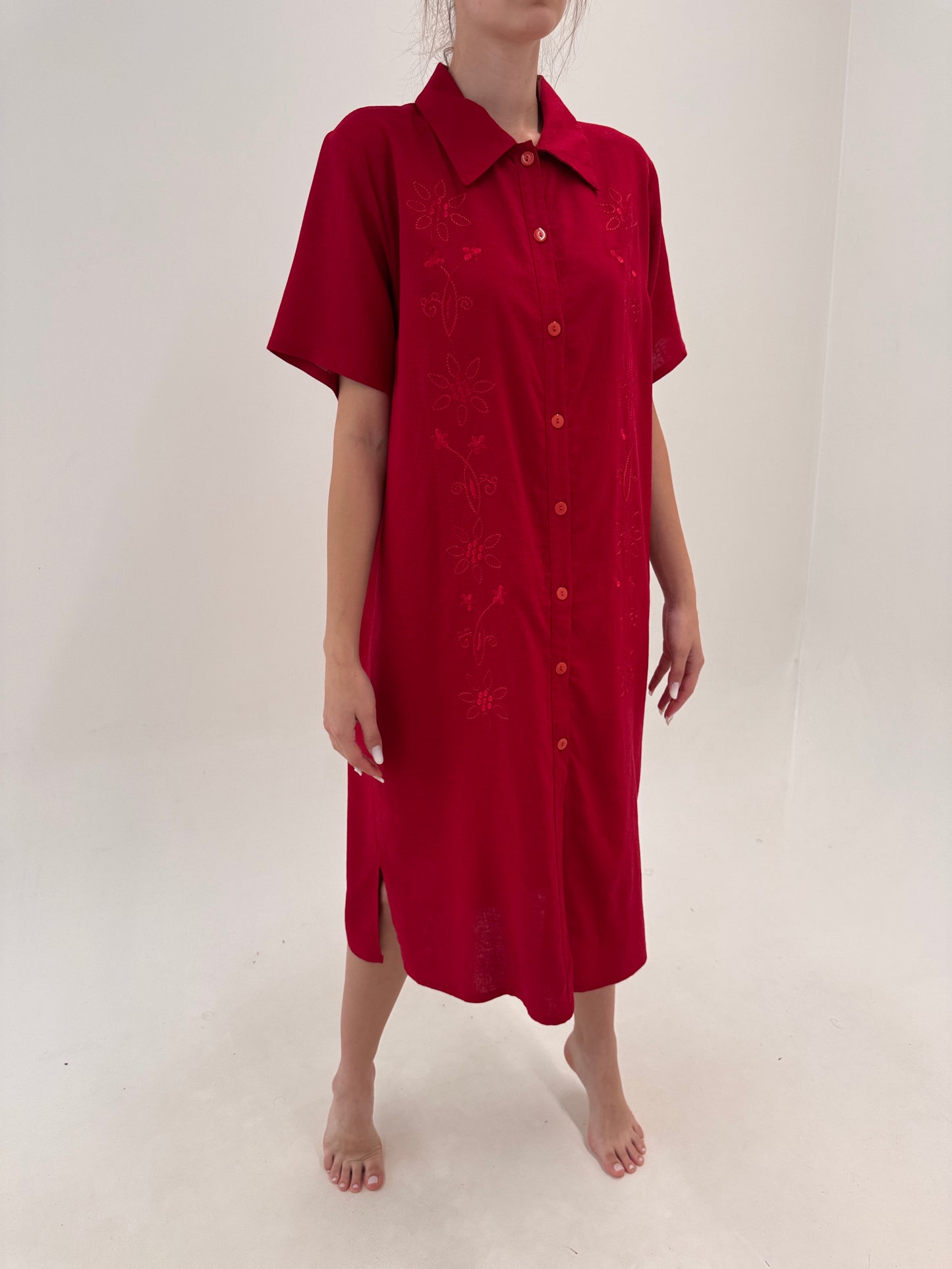 Robe chemise maxi dark cherry cu broderie din pânză premium de in și bumbac