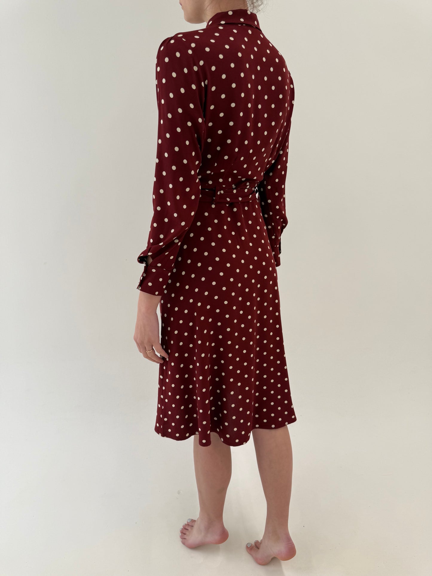 Rochie vintage burgundy brown cu buline și talie ultra înaltă reglabilă
