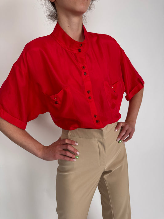 Cămașa vintage cherry red din mătase naturală
