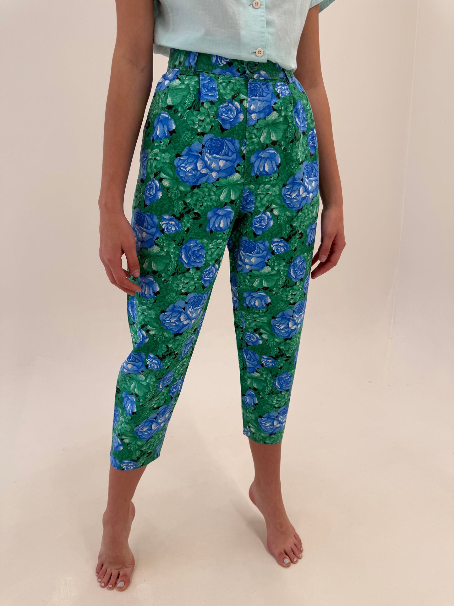 Pantaloni vintage petite cu talie ultra înaltă din pânză de bumbac
