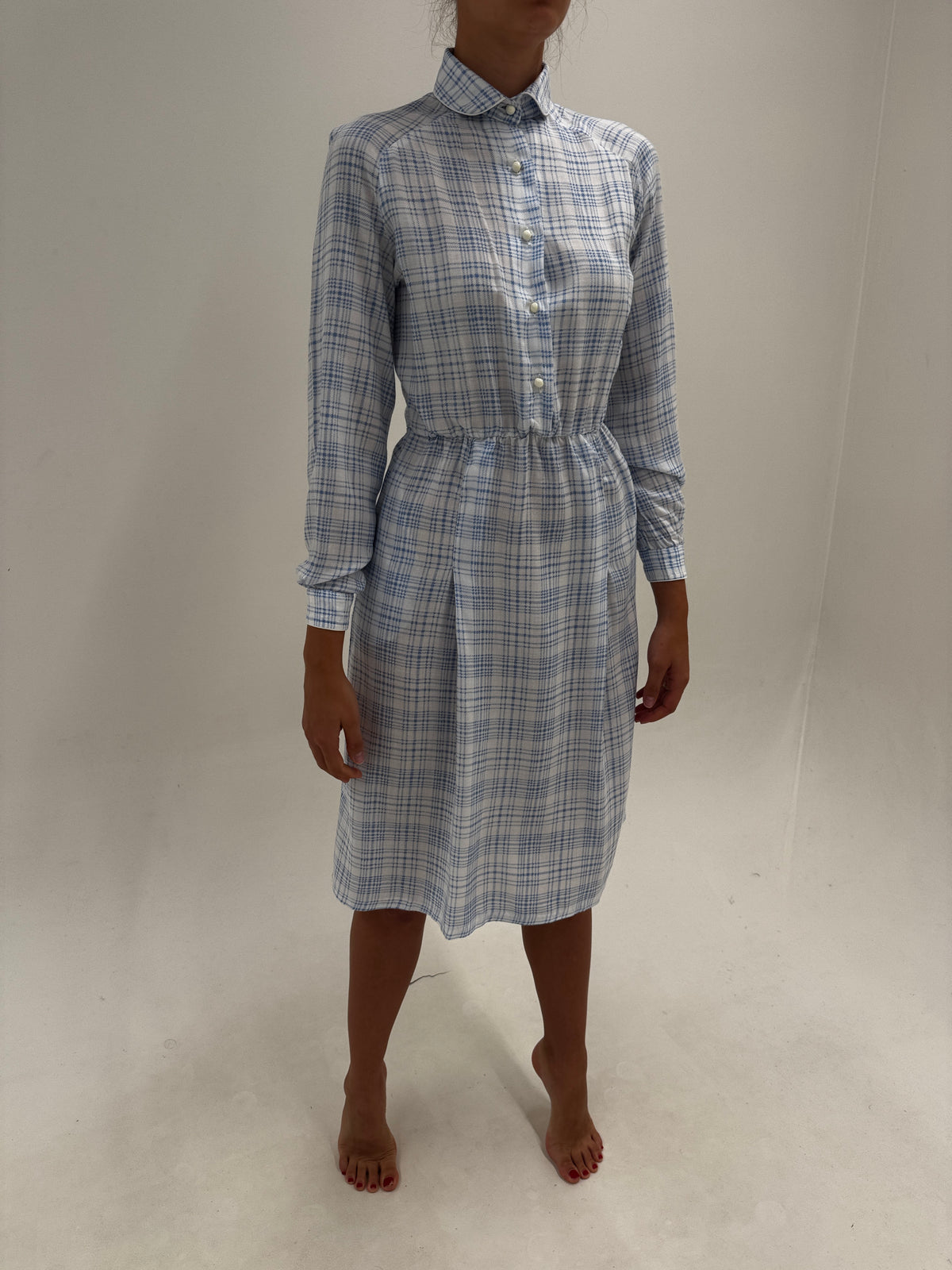 Rochie vintage în carouri baby blue cu buzunare și talie ultra înaltă elastică