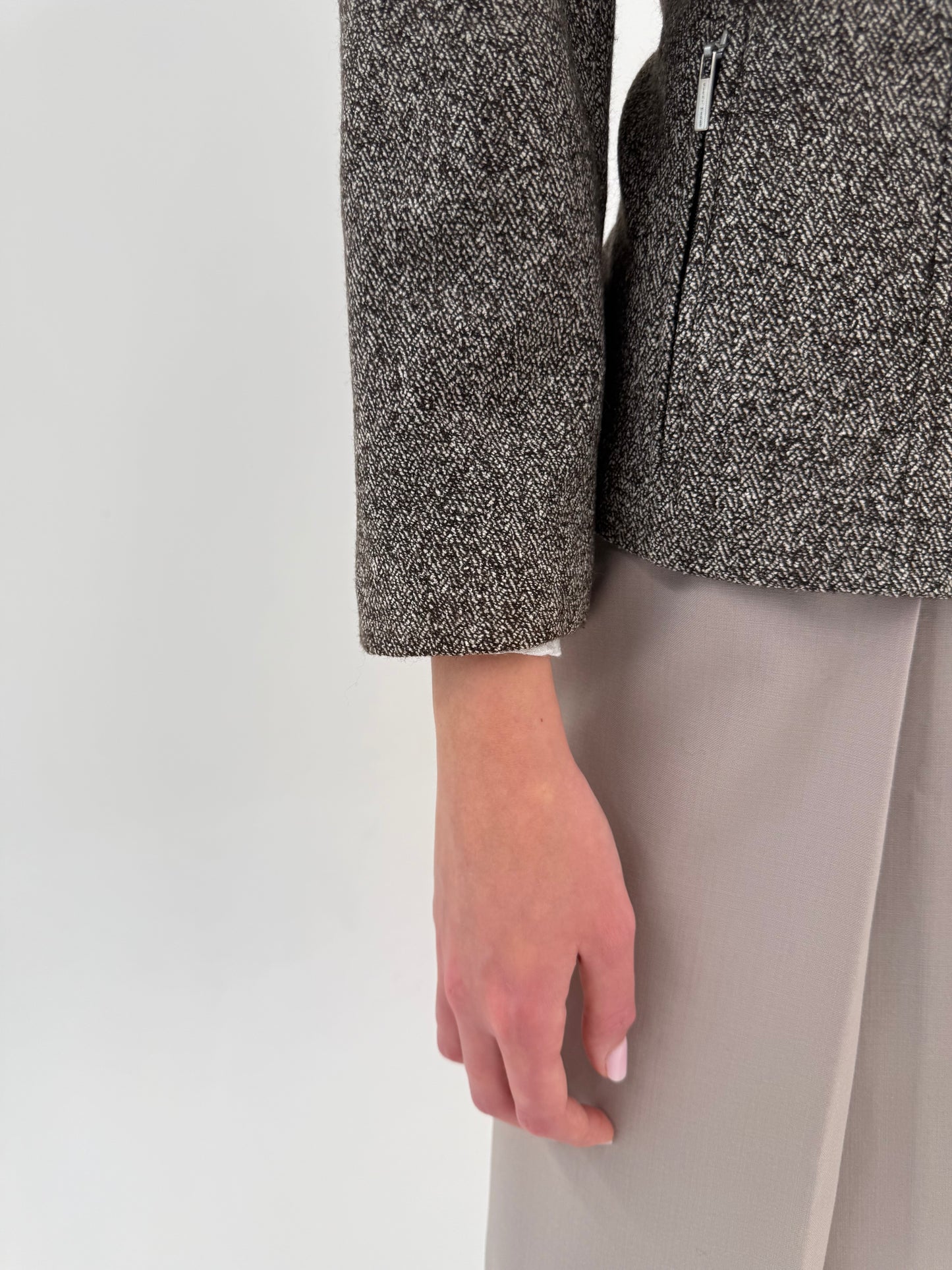 Jacheta din tweed de lana nude și chocolate brown în croi ușor cambrat