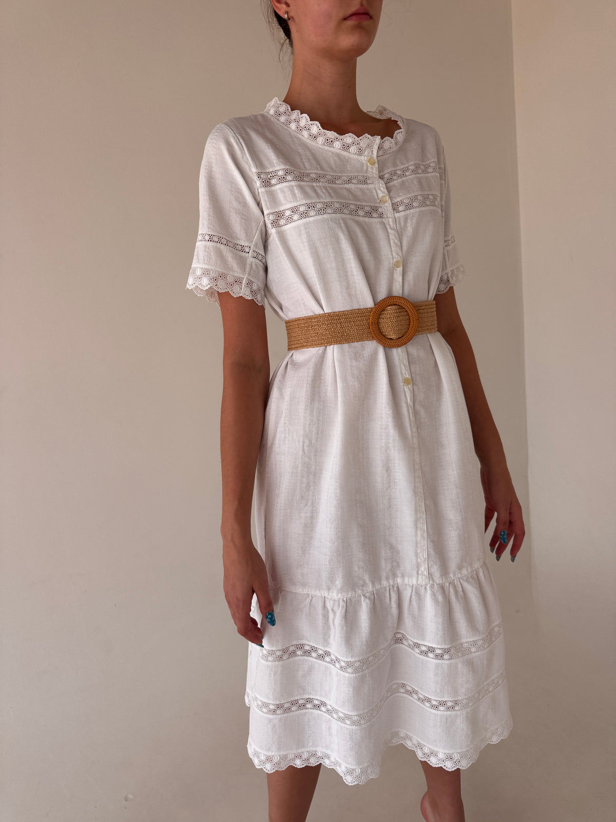 Rochie vintage din pânză excepțională de bumbac tip jacquard cu macrame