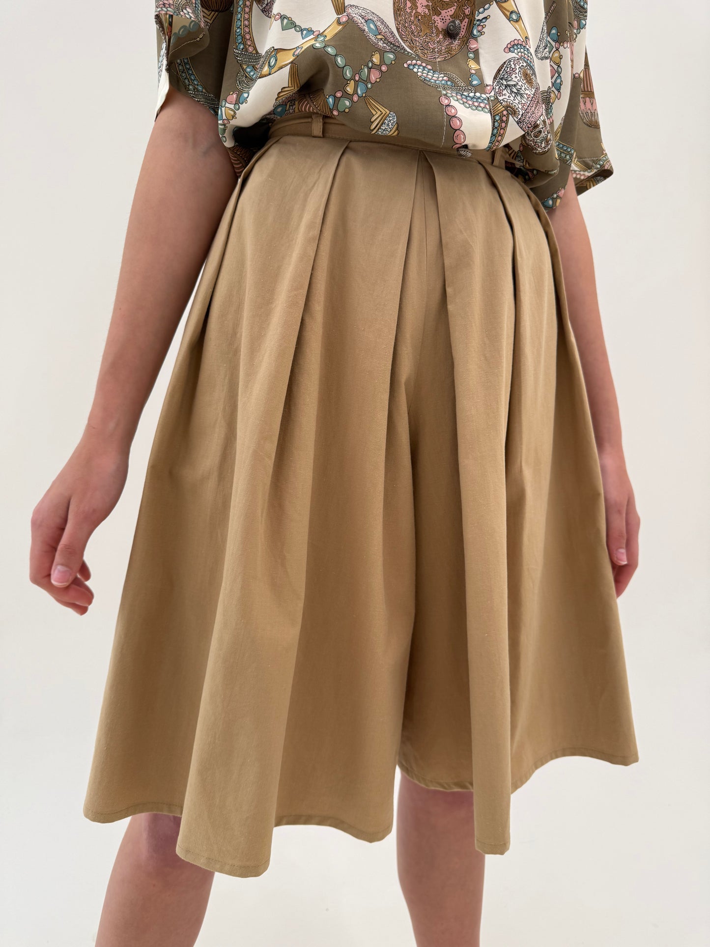 Fustă pantaloni vintage camel din bumbac cu talie ultra înaltă