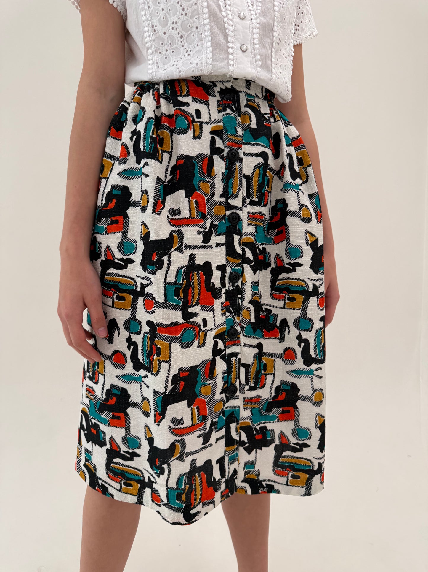 Fustă vintage din pânză cu talie ultra înaltă și buzunare cu print geometric