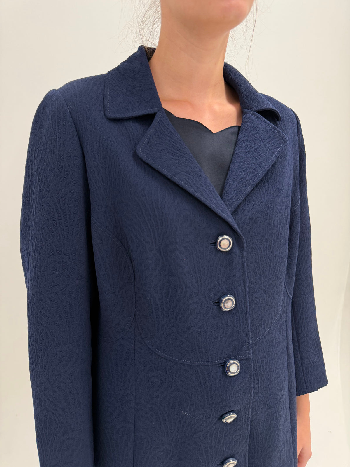 Palton de toamnă old vintage anii 60 din mix de lana extrafina brocart Navy blue