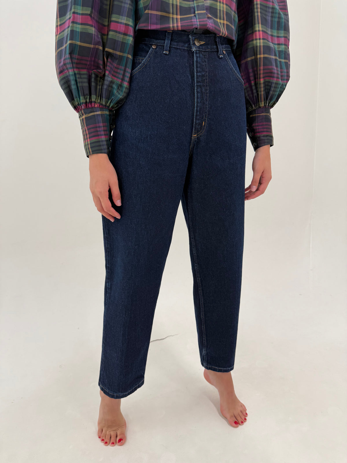 Jeans vintage tall straight leg dark wash din bumbac gros cu talie ultra înaltă
