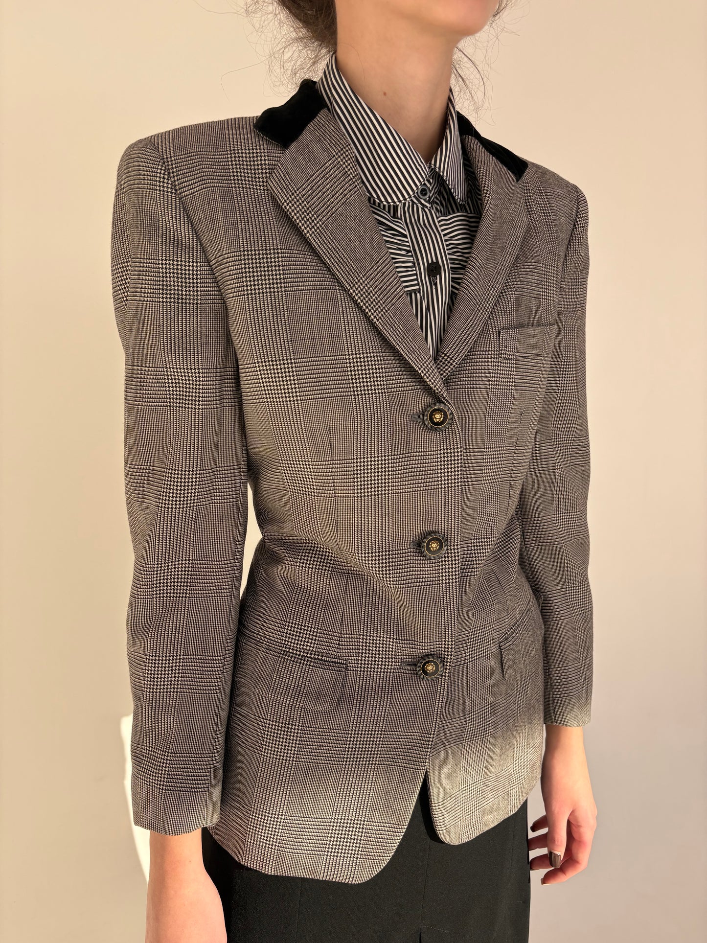 Sacou vintage cambrat italian din lana plină pura pied de coq alb-negru