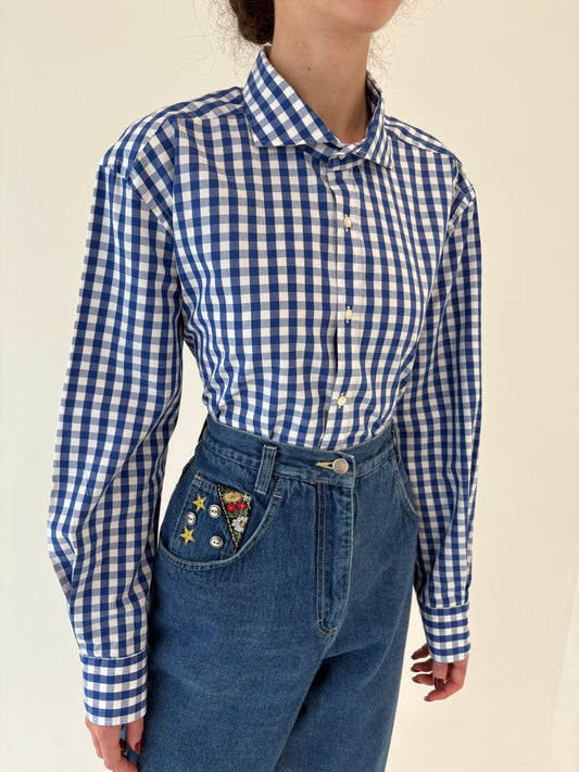 Cămașa din poplin premium de bumvac în carouri albastru cerneală