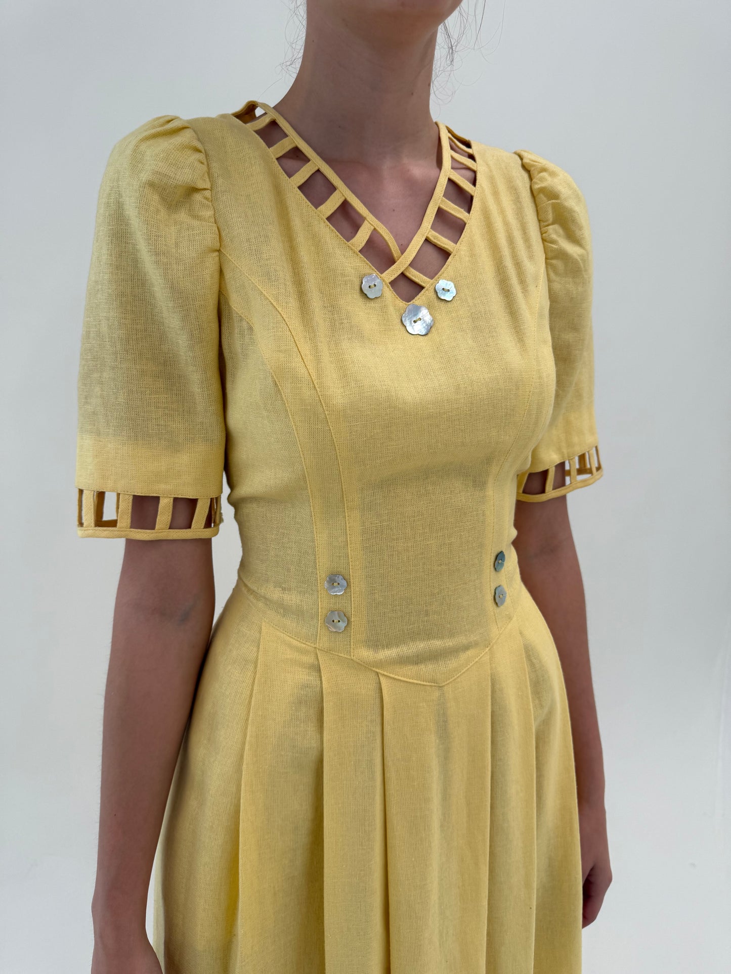 Rochie vintage maxi din pânză grea excepțională butter yellow cu corsaj
