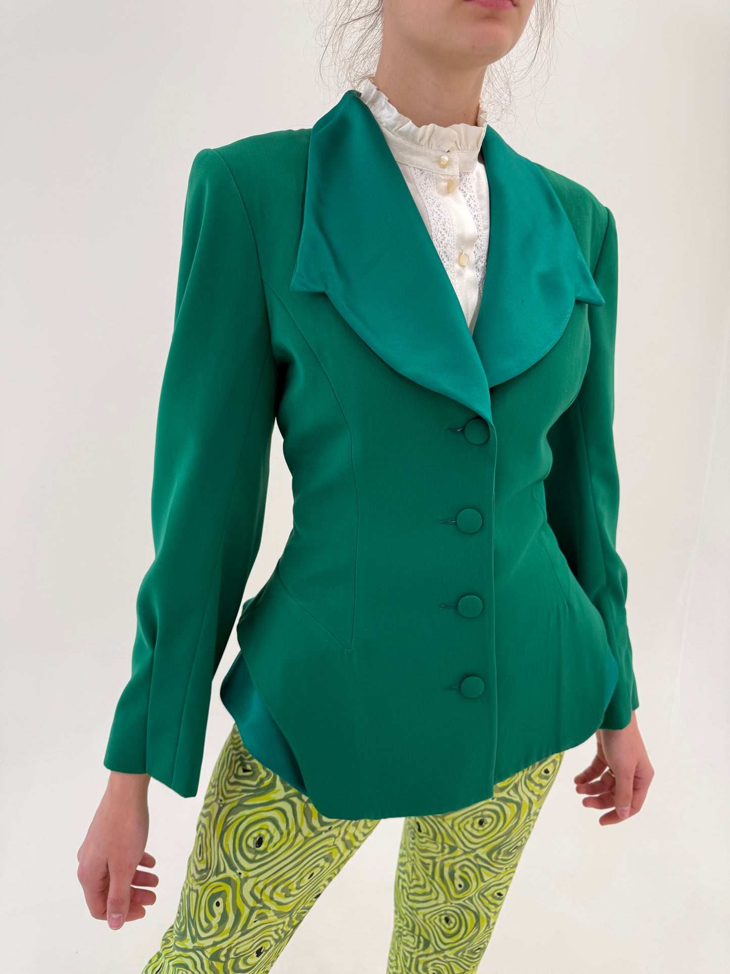 Sacou vintage ultra cambrat în stil mugler verde smarald