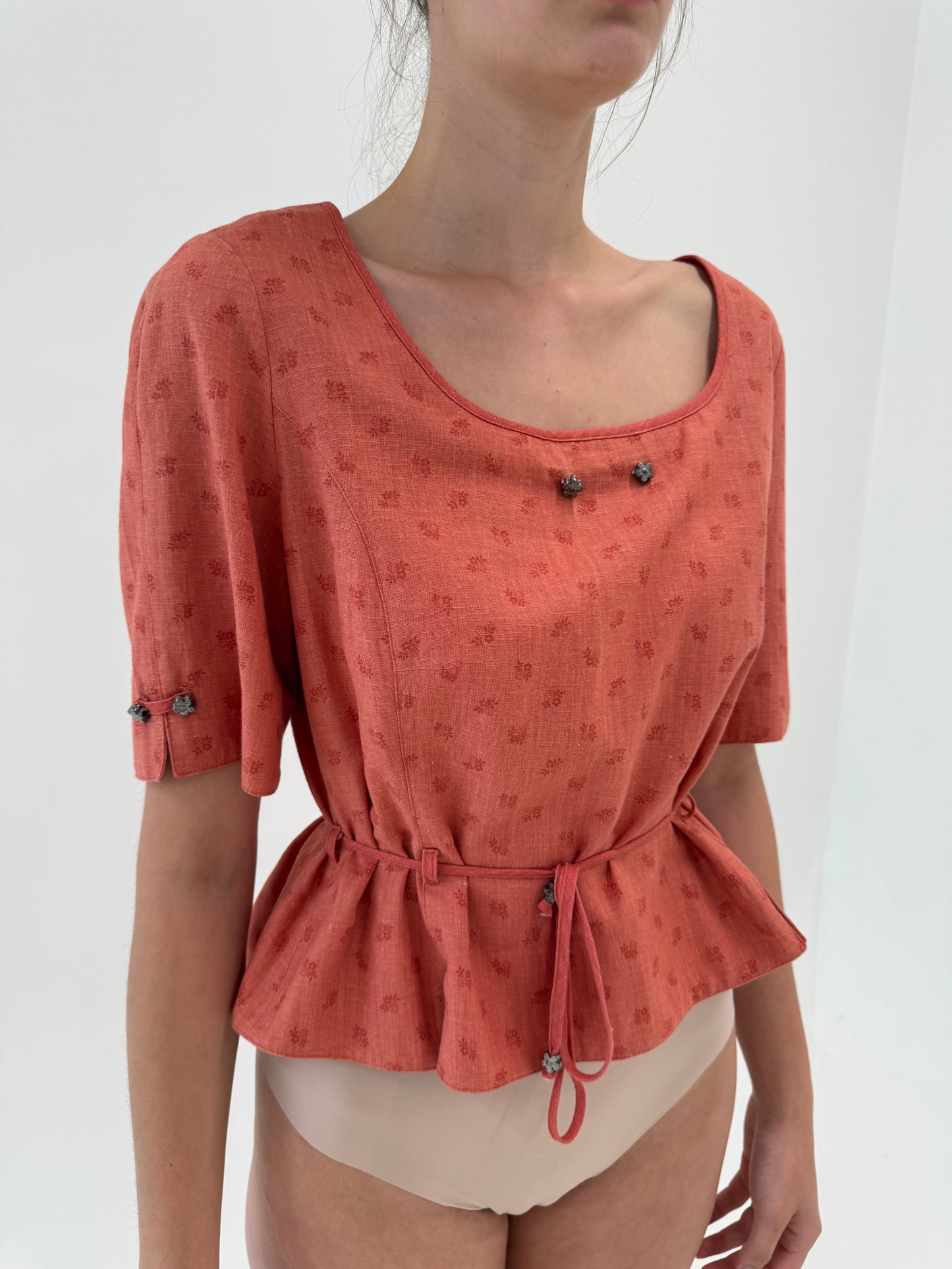 Corsaj vintage din pânză de in și bumbac dusty terracotta cu talie reglabilă