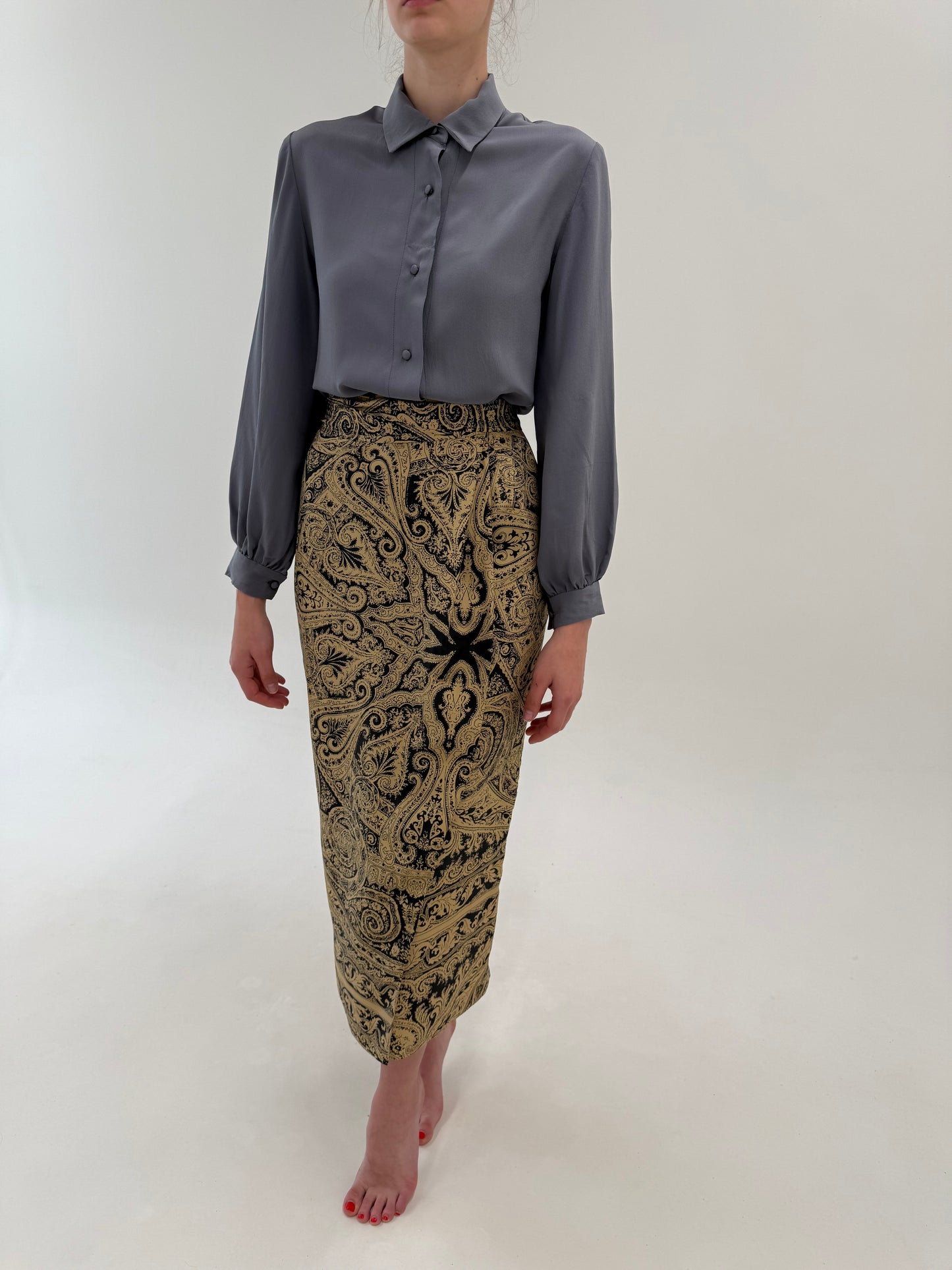 Fustă maxi petrecută din mătase naturală cu print paisley camel