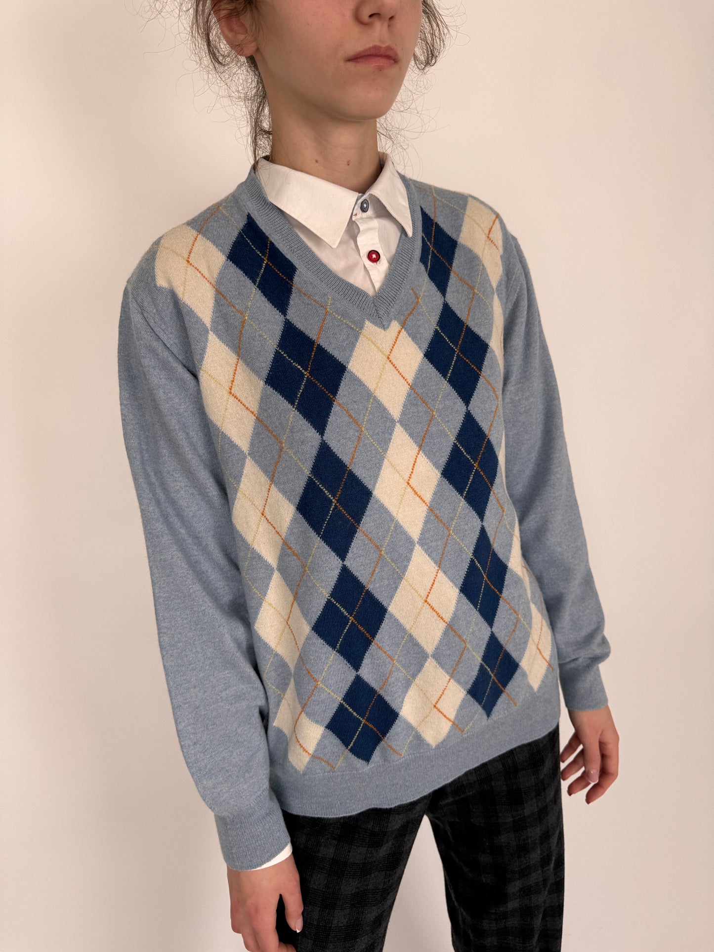 Pulover subțire baby blue în carouri din lana merino extrafina