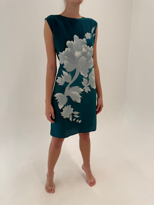 Rochie din mătase naturală ocean blue cu print floral superb în croi minimalist