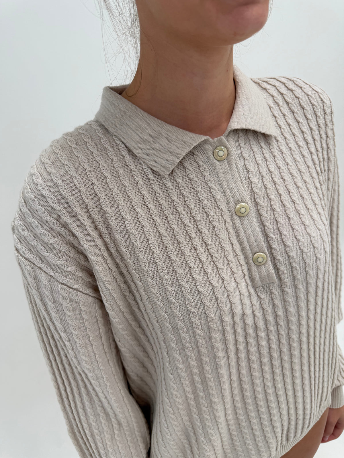 Pulover vintage italian polo cu torsade warm gray din lana extrafina