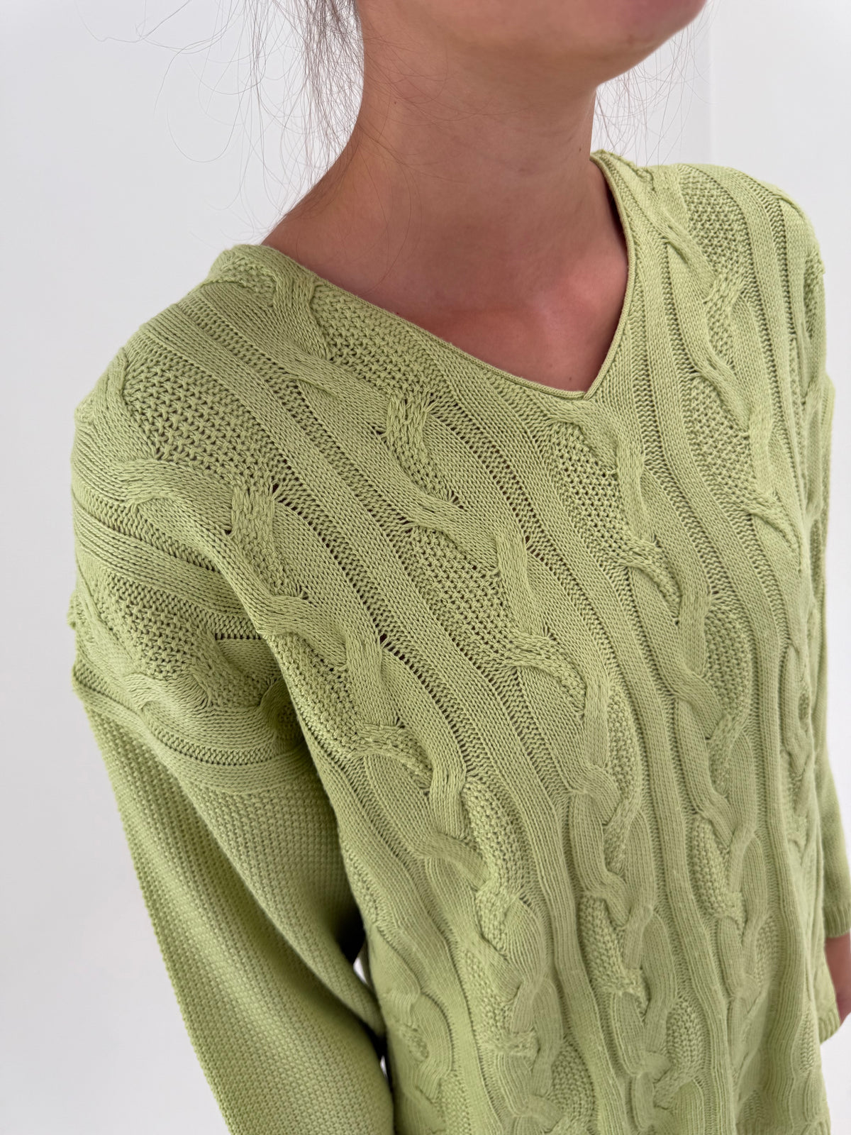Pulover italian vintage pistachio green cu torsade din bumbac de gramaj mare