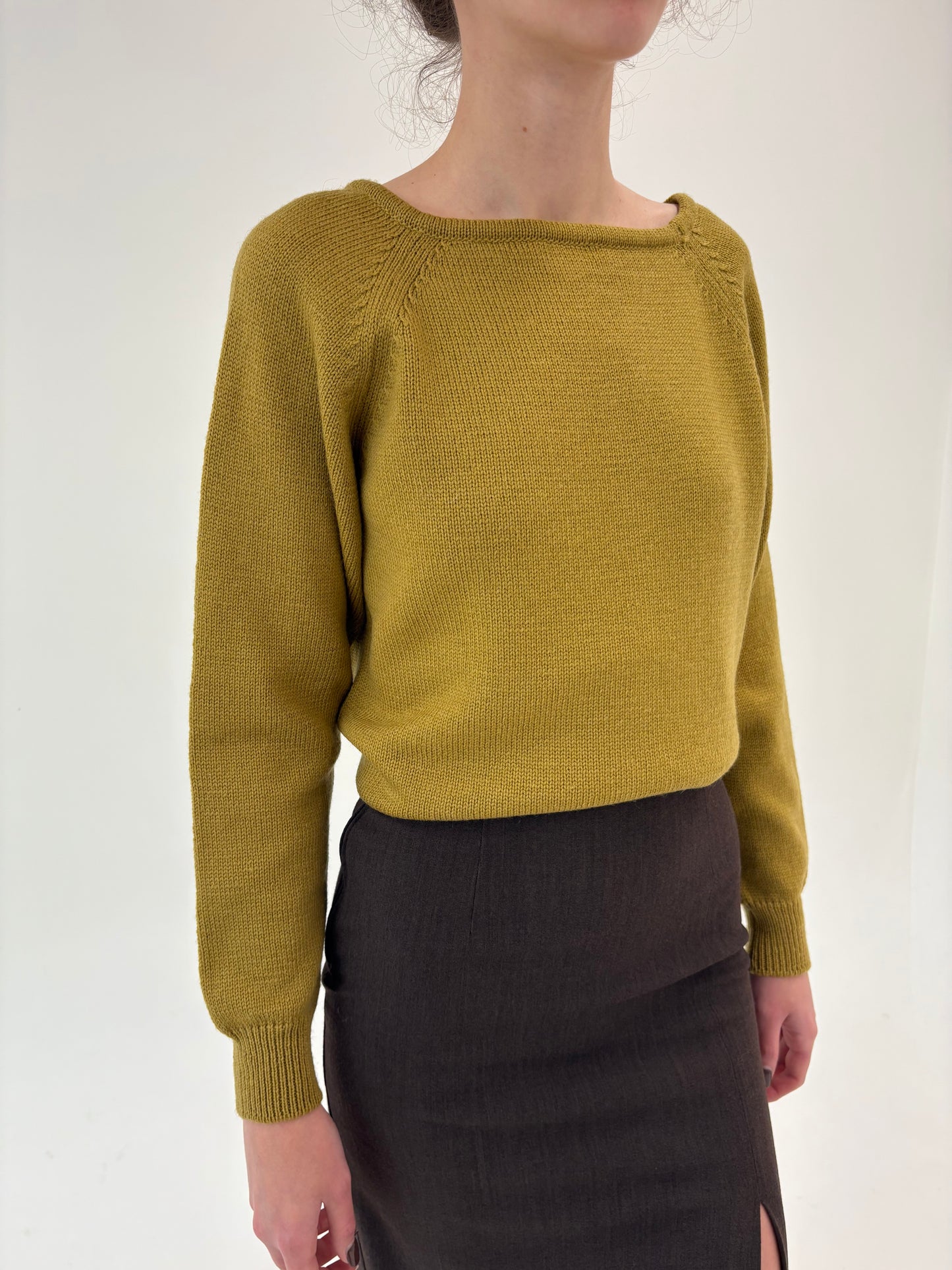 Pulover gros mustard green din lana extrafina de gramaj mare