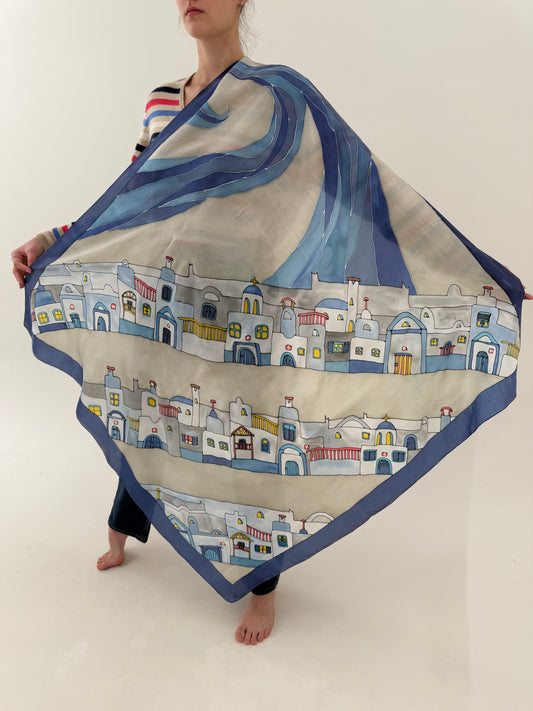 Eșarfă XXXL din mătase naturală cu print manual în culori pudrate