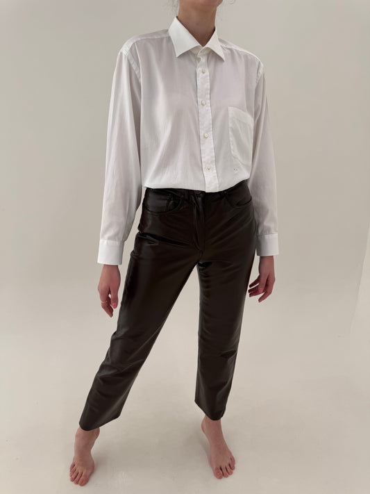 Pantaloni chocolate brown din piele naturală moale cu talie înaltă