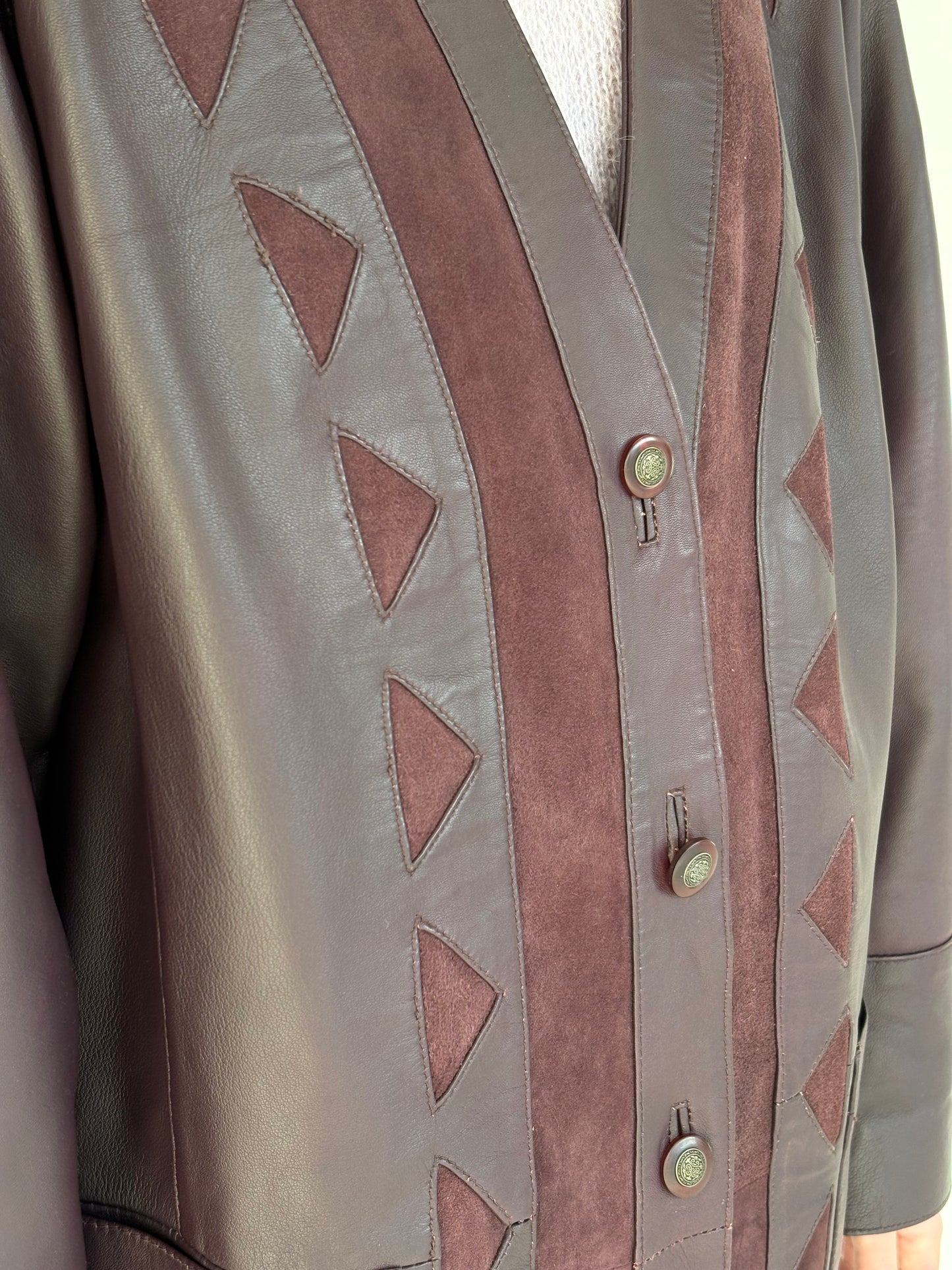 Geacă aubergine din piele naturală moale patchwork