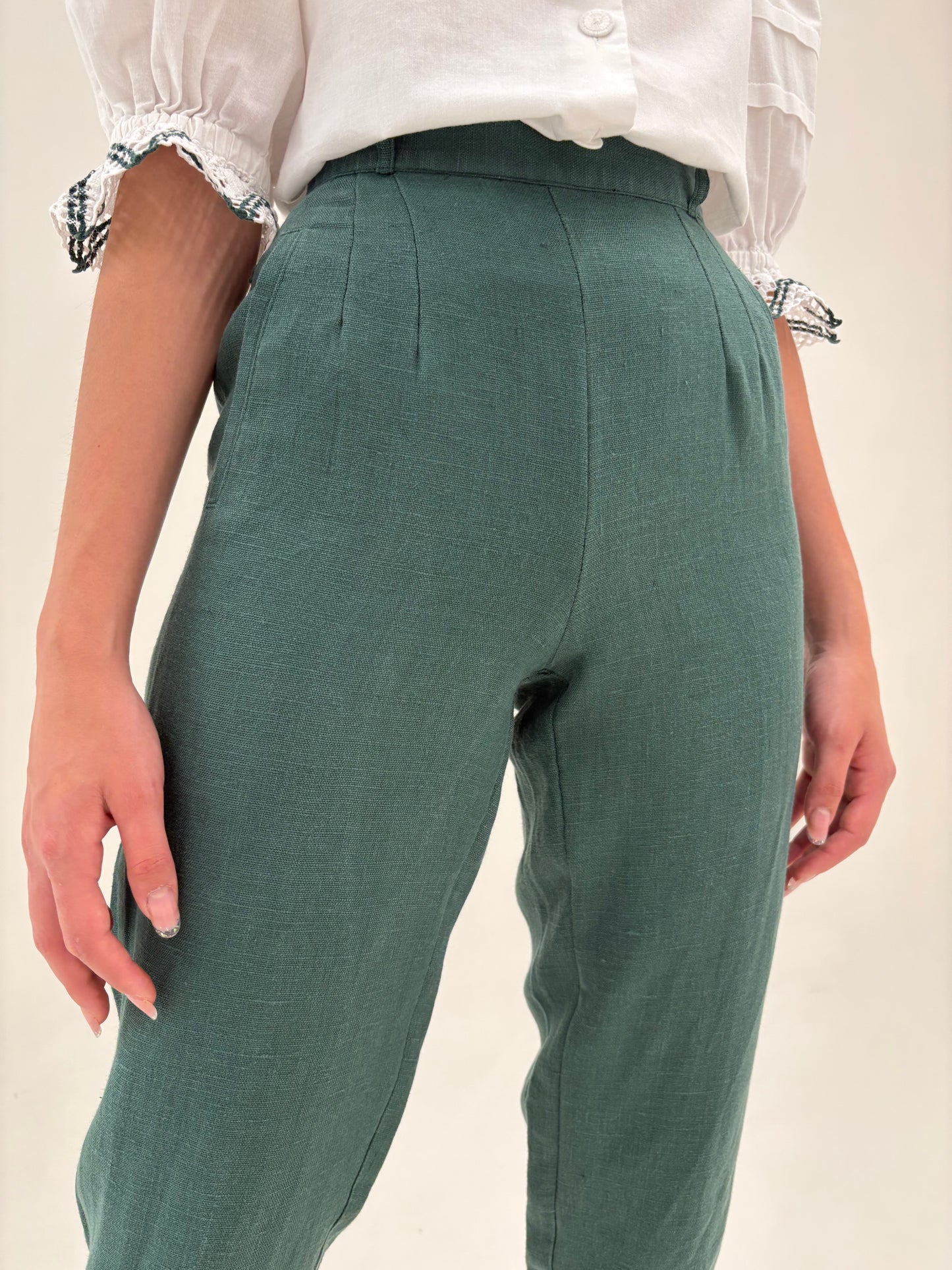 Pantaloni țigaretă din pânză de in dark green cu talie ultra înaltă