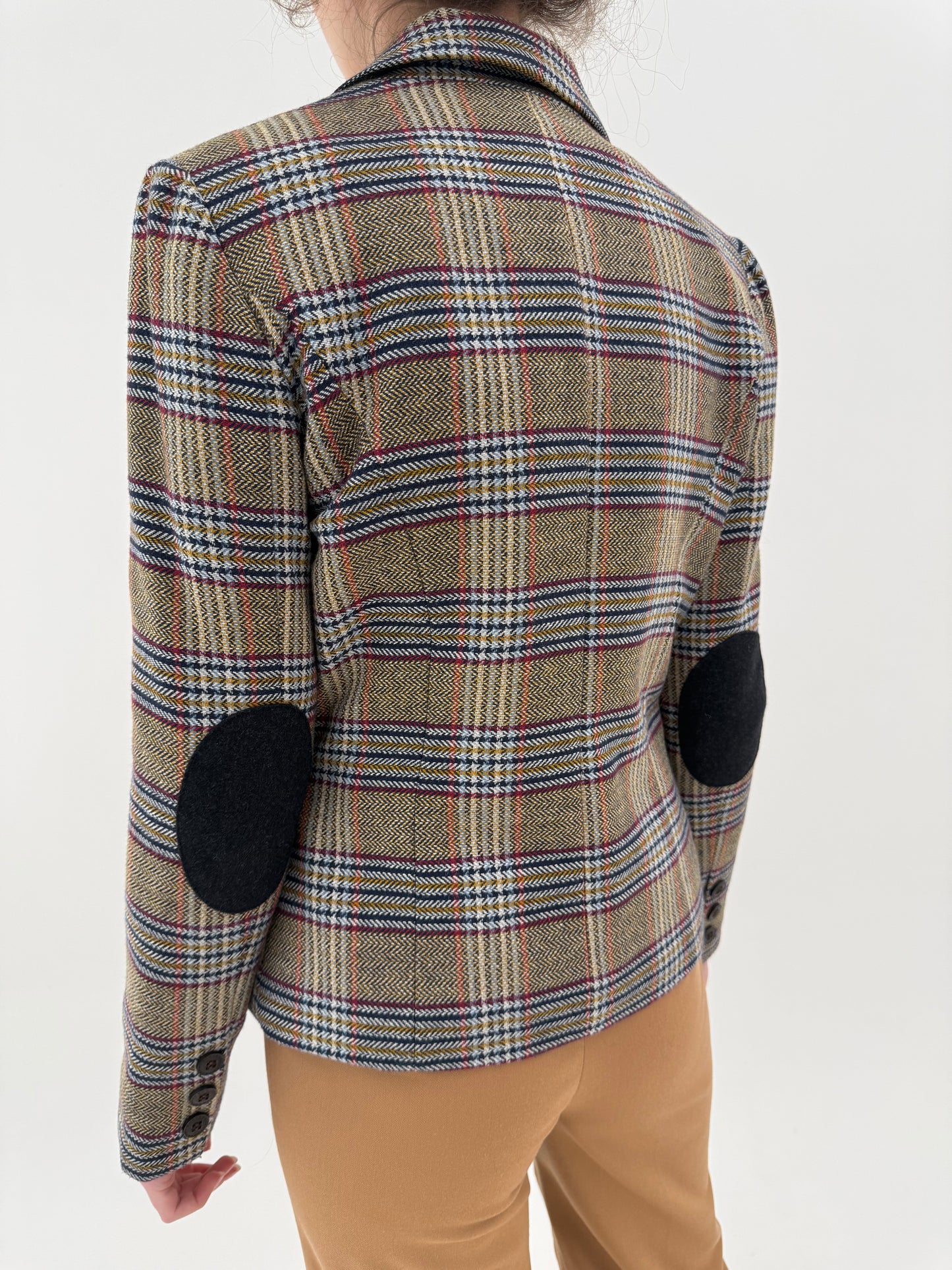 Sacou cambrat kaki din tweed cu inserții burgundy, baby blue și Navy