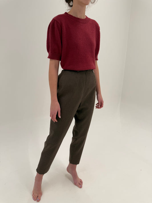 Pantaloni taupe brown cu talie ultra înaltă din lana extrafina groasă