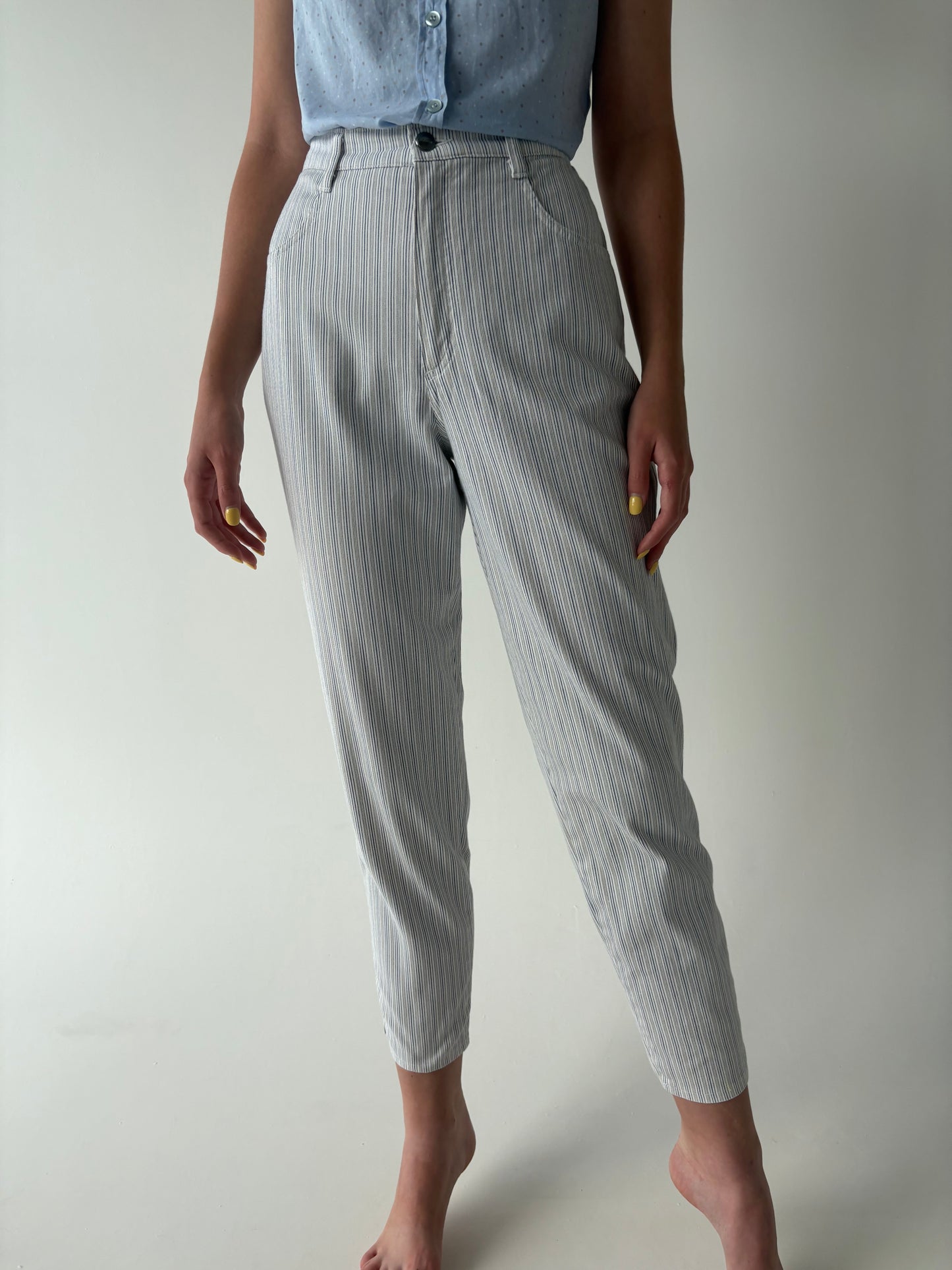 Jeans vintage premium mom fit de vară cu dungi fine verticale