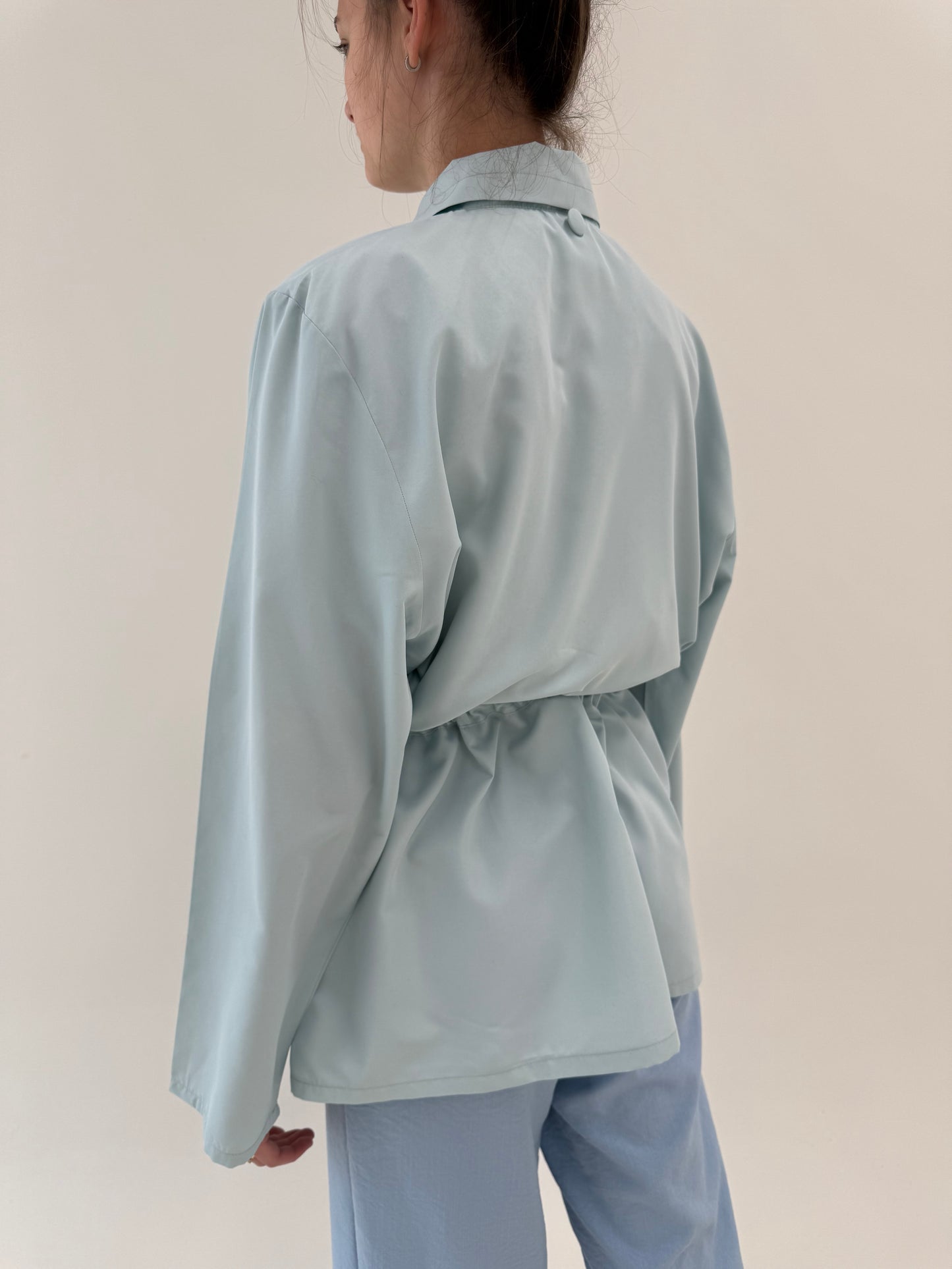 Geacă vintage baby blue impermeabilă cu nasturi perlă și talie reglabilă ultra înaltă
