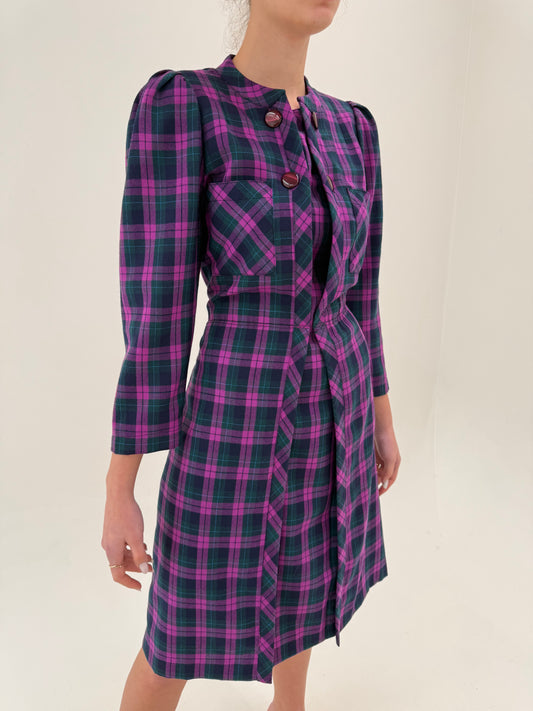 Rochie vintage în carouri din lana extrafina cu talie marcată elastică