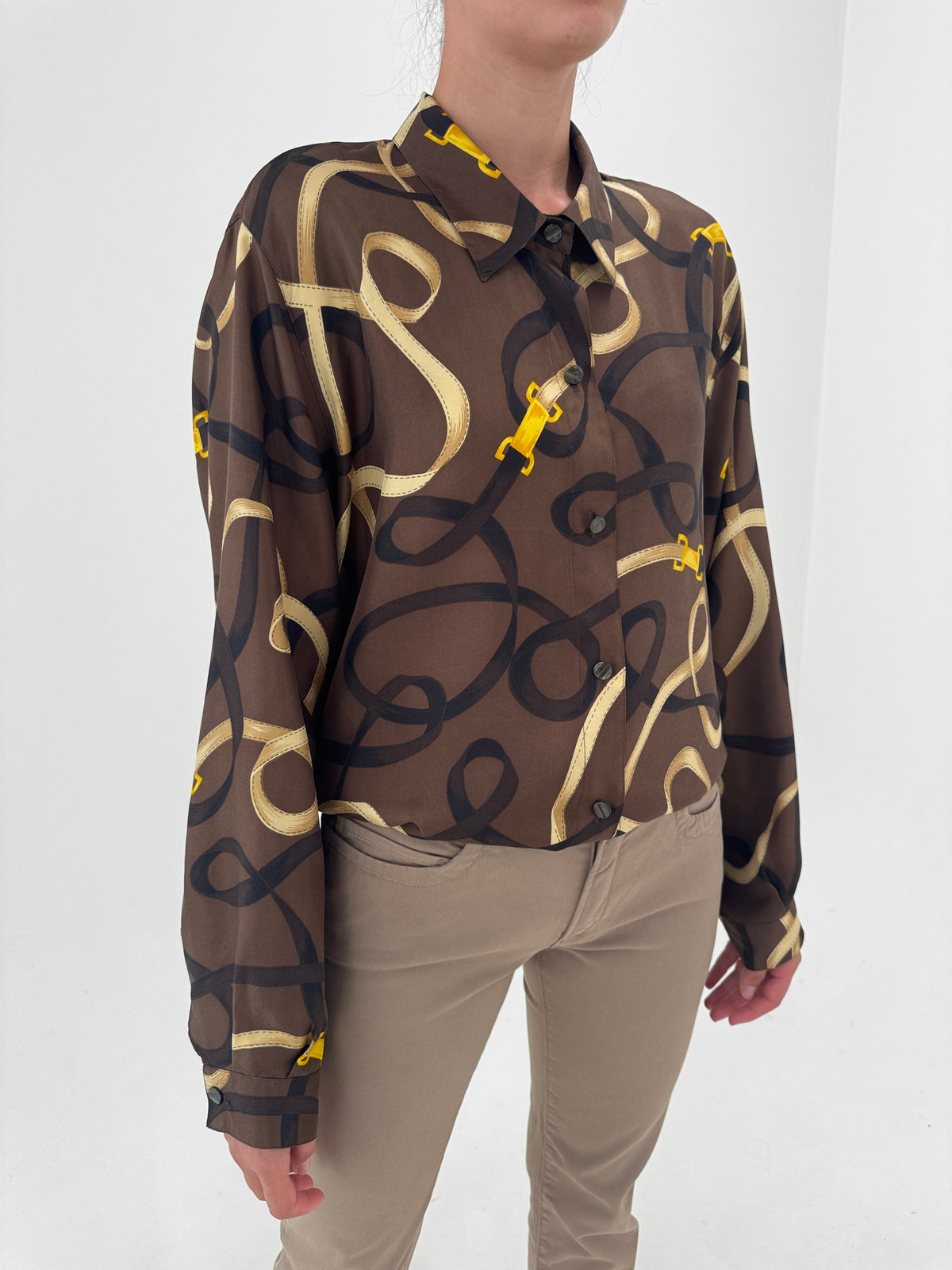 Cămașa de brand luxury plus size Marina Rinaldi din twill de mătase naturală cu print baroc