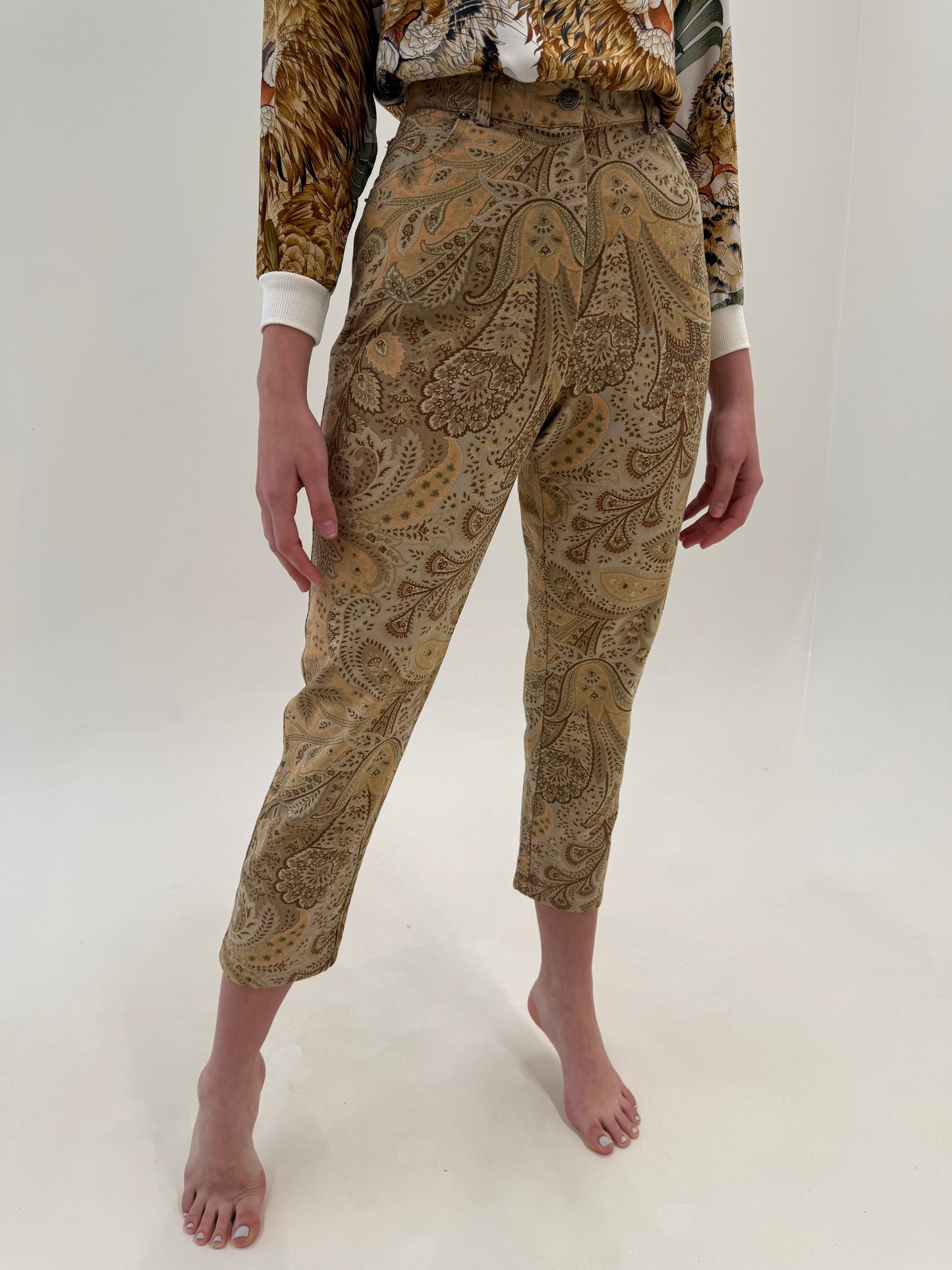 Pantaloni camel Etro petite cu print paisley specific brandului ultra confort modelatori