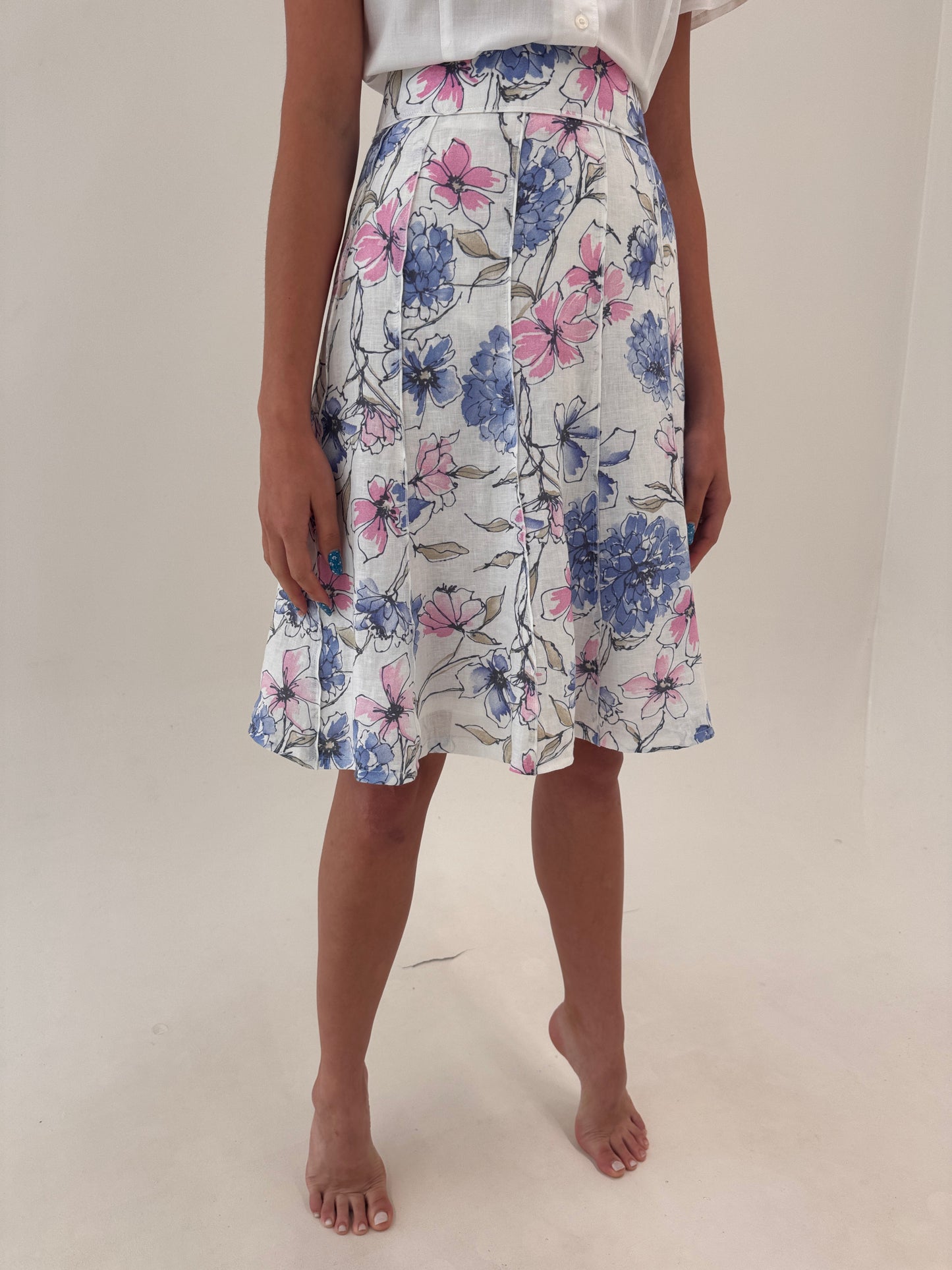 Fustă din in premium cu print floral în culori pudrate și clini