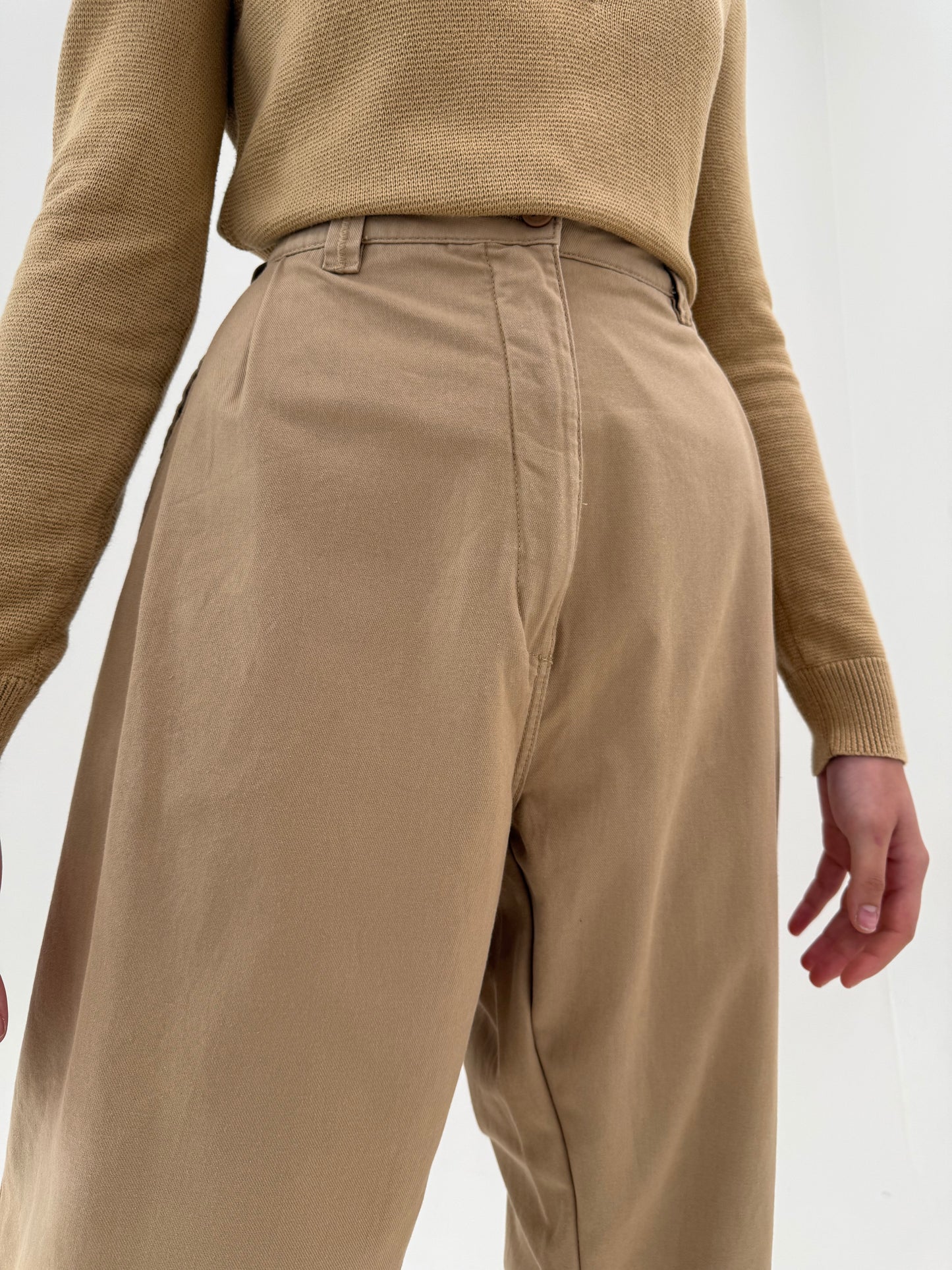 Pantaloni camel din bumbac premium moale cu talie ultra înaltă și solduri generoase