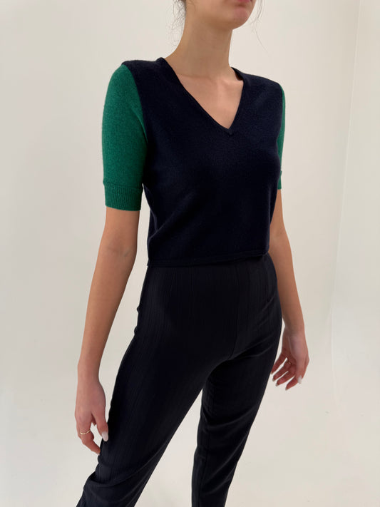 Top Prada din cașmir colorblock cu mânecă scurtă și anchior