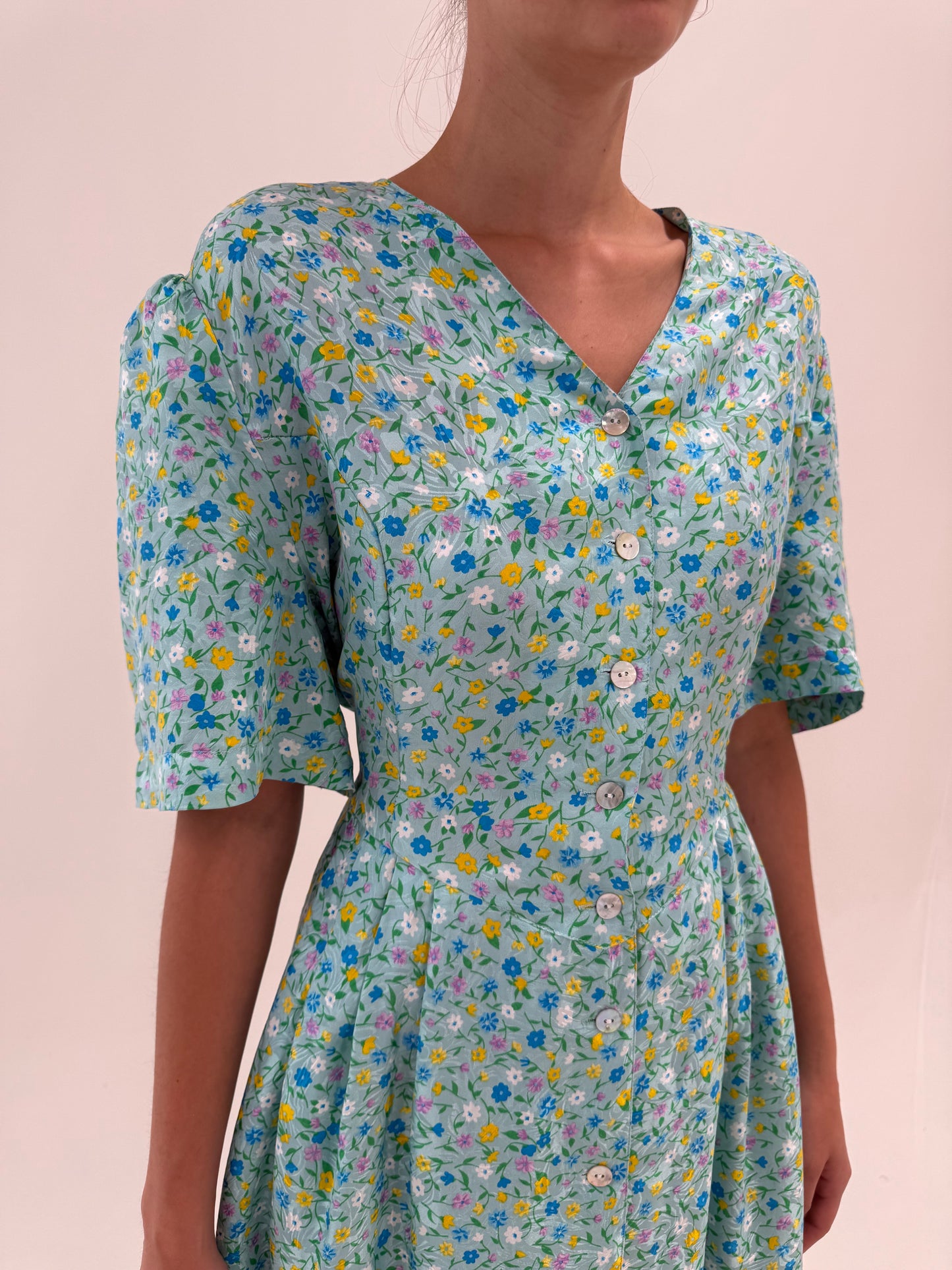 Rochie vintage mint green din mătase naturală superbă cu buzunare în croi flatant