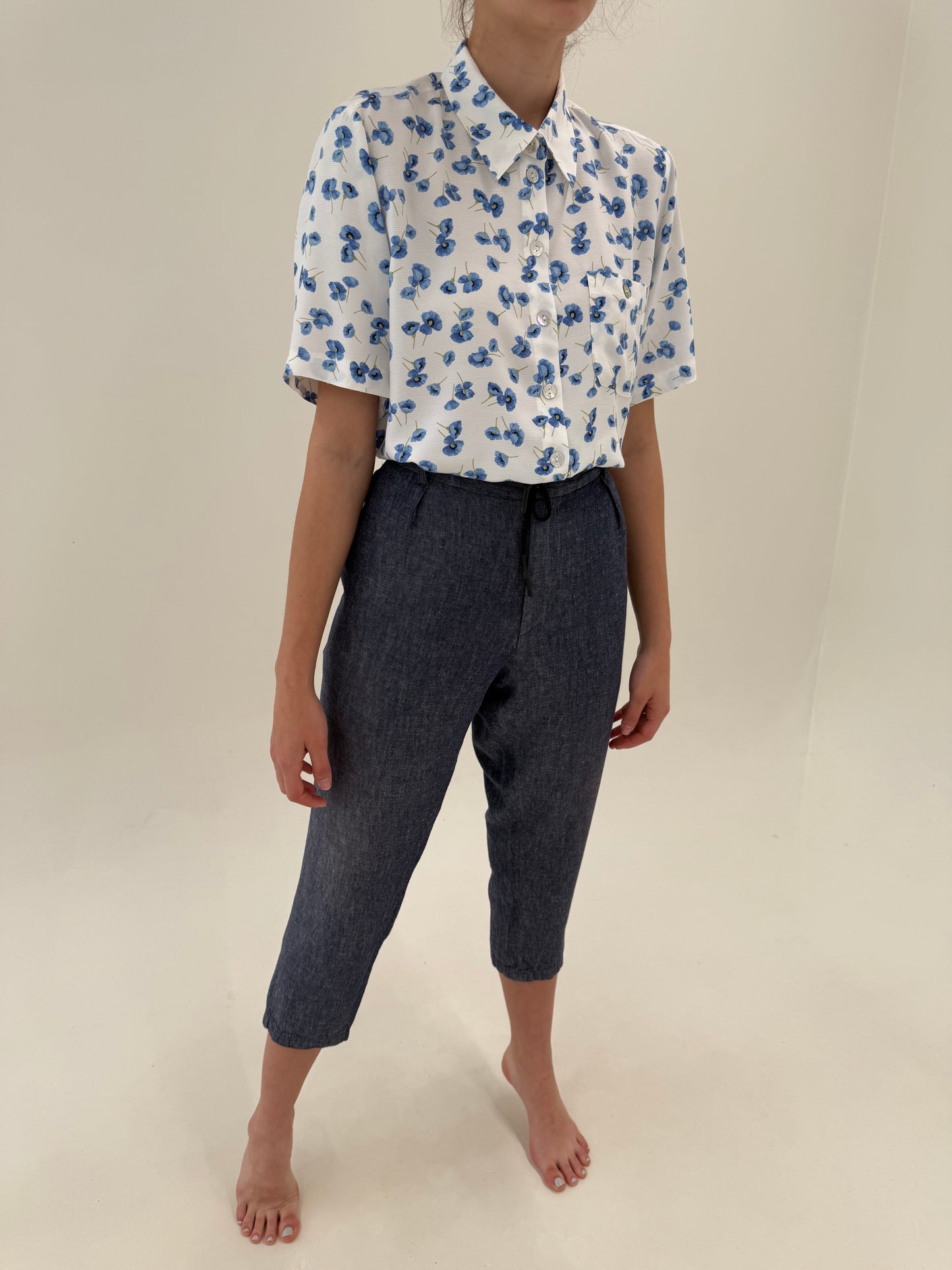 Pantaloni petite plus size din in premium cu talie reglabilă