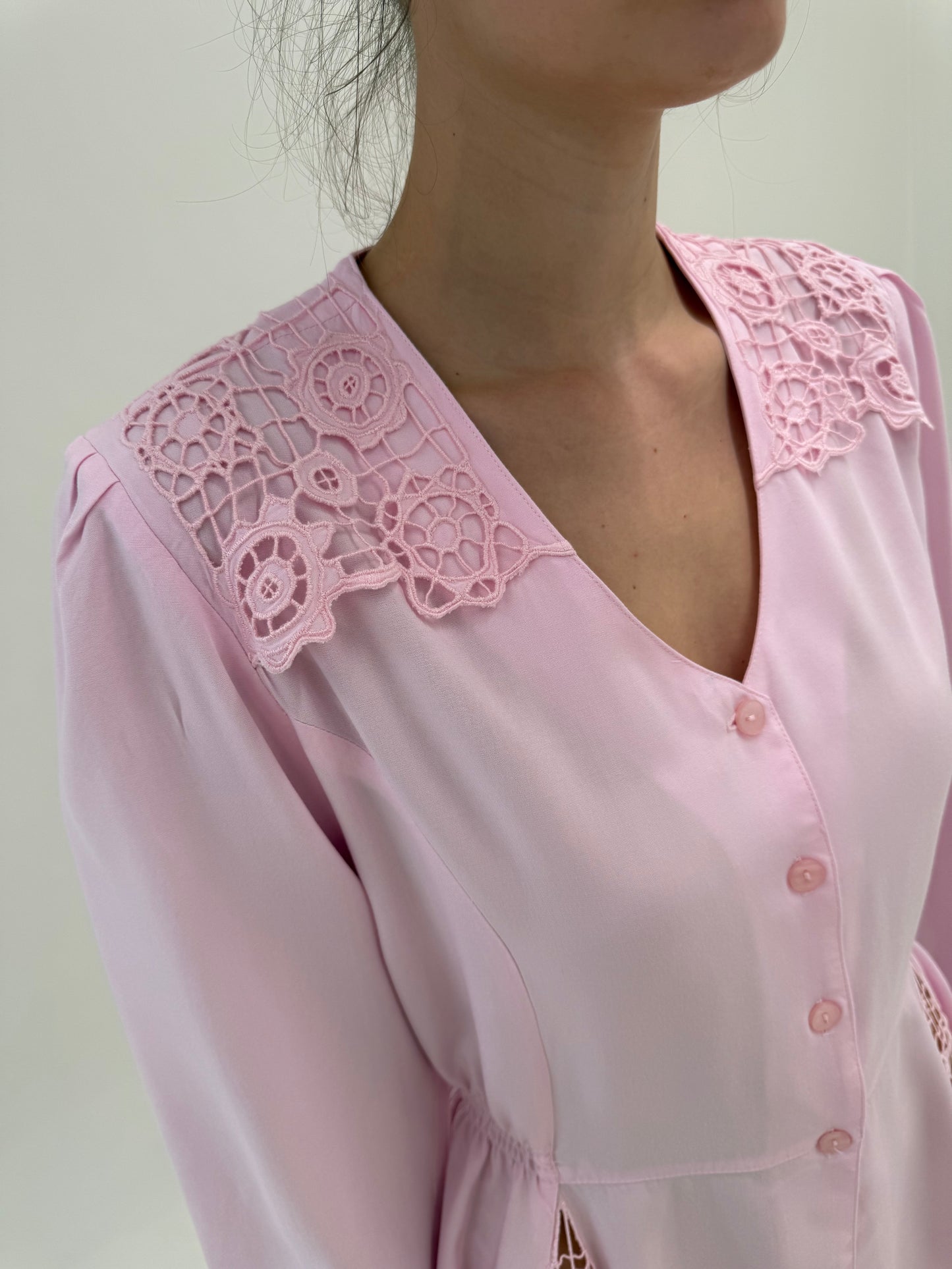 Set vintage powder Pink cu inserții de dantelă macrame și talie marcată elastică
